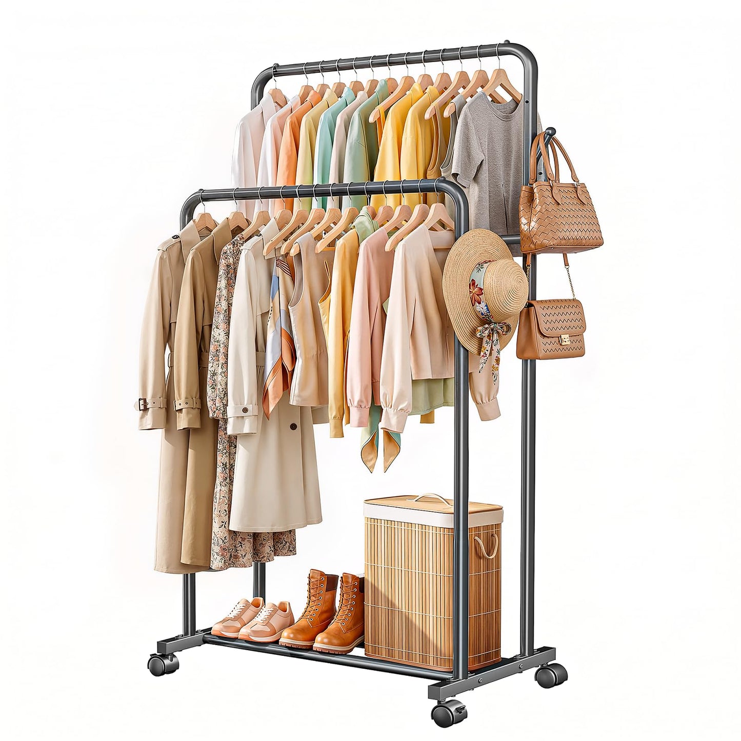 Delamu Clothes Rack Double Rods Clothing Racks for Hanging Clothes with Rolling Wheels, Metal Garment Rack with Hooks, Portable Wardrobe Rack Coat Rack with Shelfs for Bedroom, Laundry Room, Black