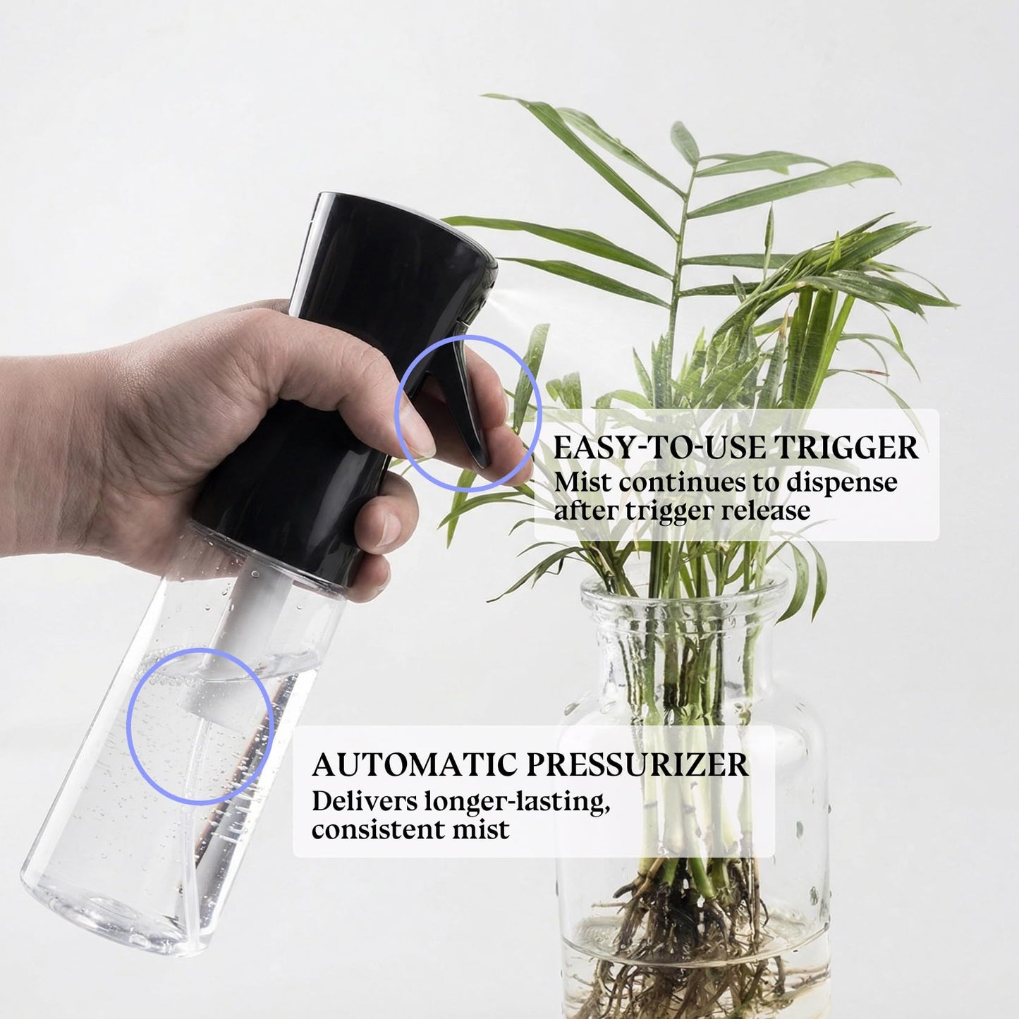 DWDiWen 3 Pack Continuous Spray Bottle Atomizing Mister for Hair,Plants,Cleaning,Travel Fine Mist Water Spray Bottles for Styling,Refillable Empty Spray Bottles Black&Transparent (200ml+300ml+500ml)
