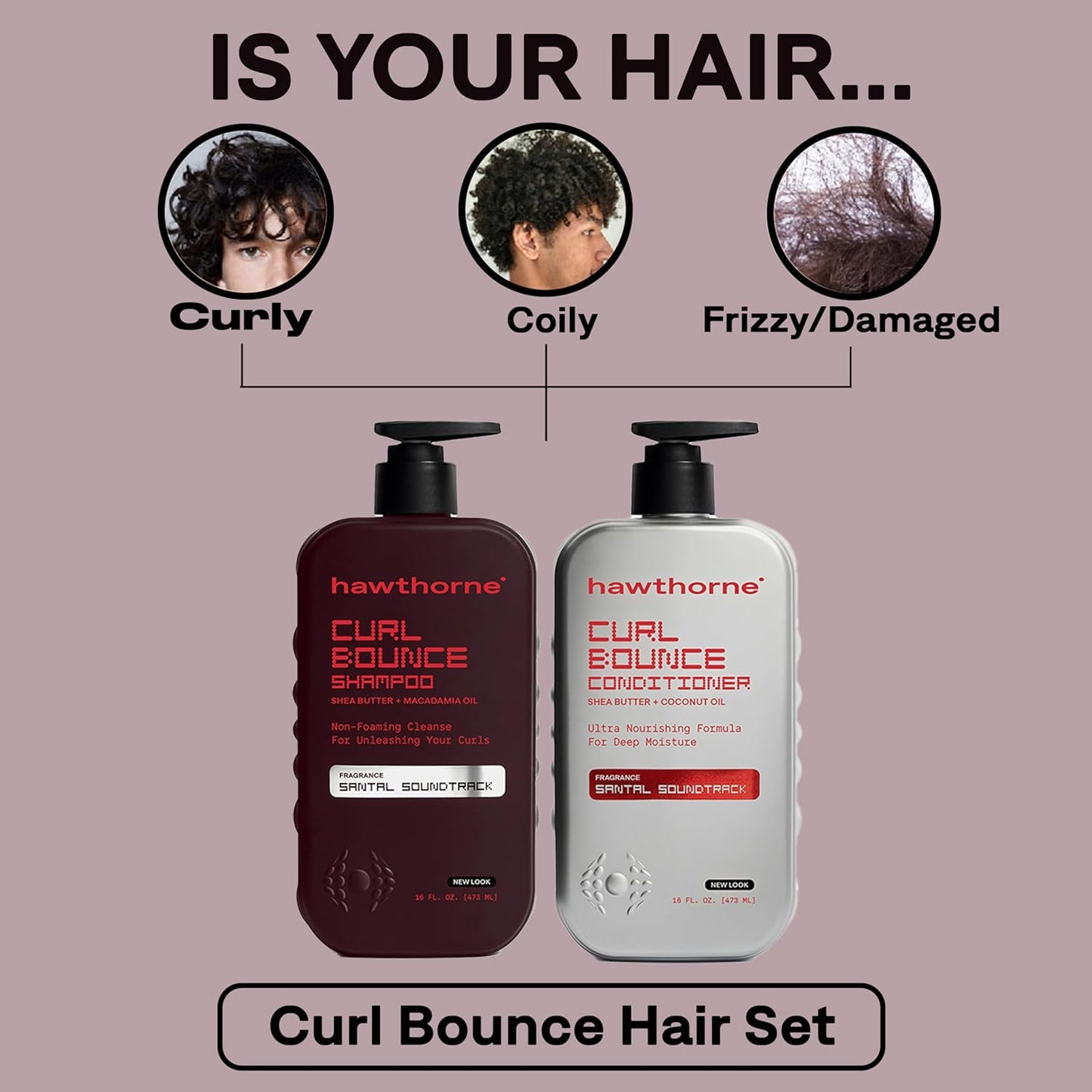Hawthorne Curl Bounce Men's Curly Hair Shampoo & Conditioner Set - Sulfate-Free, Shea Butter & Macadamia Oil | 16 oz Each