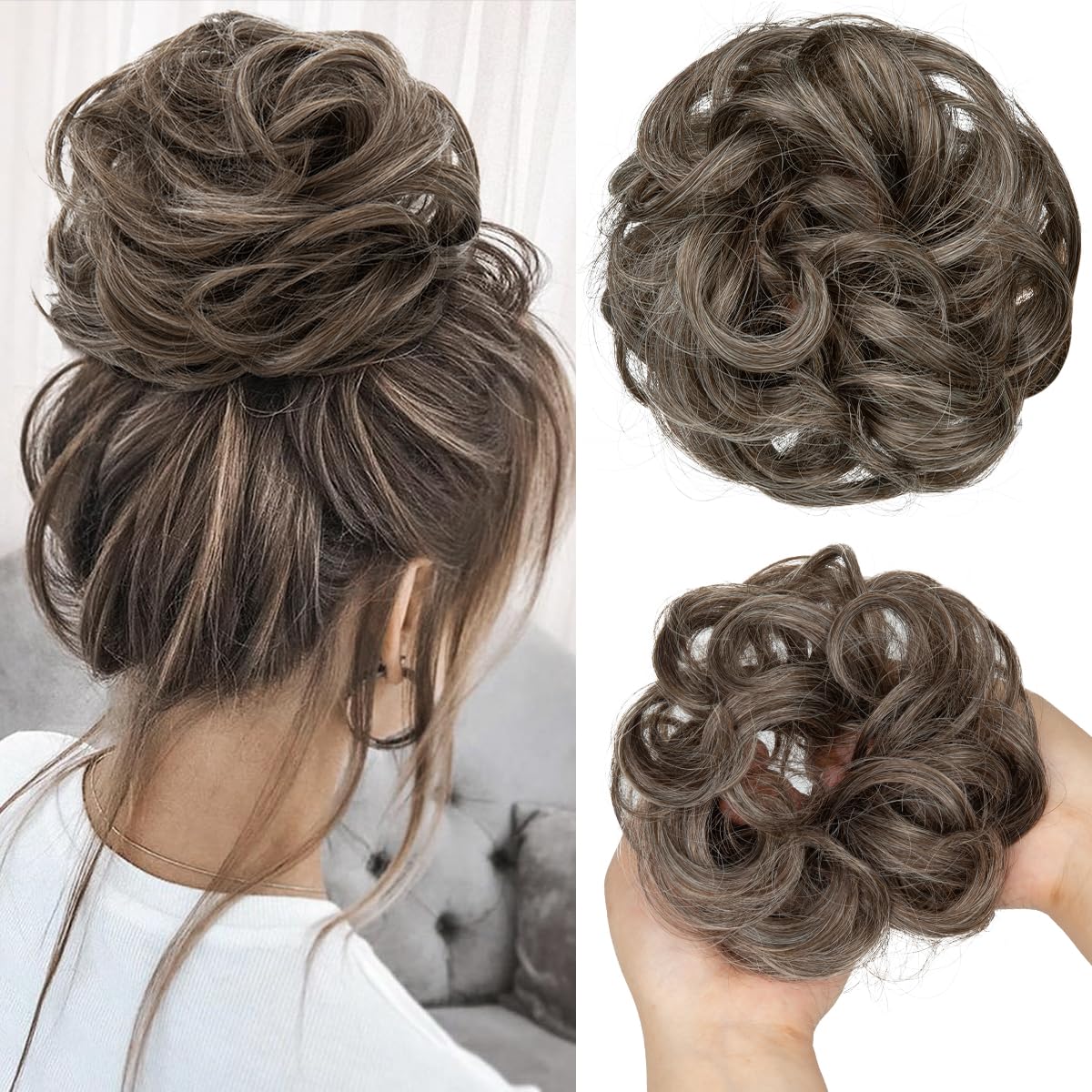 Large Messy Bun Hair Piece - Wavy Curly Synthetic Chignon Ponytail Extensions | Thick Updo in Light Auburn