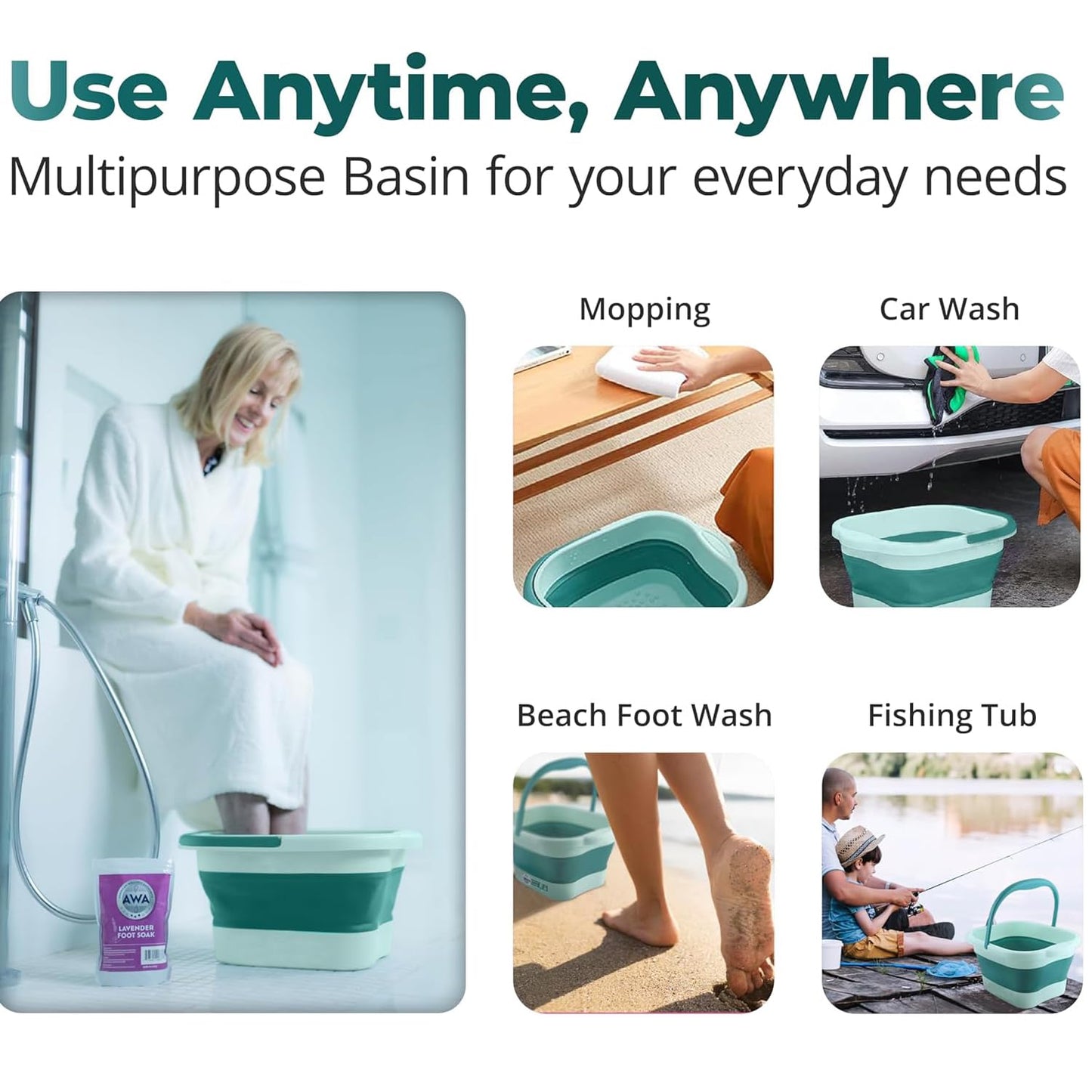 Collapsible Foot Bath Basin - Soaking Tub with Massage Acupoint for Pain Relief | Green Plastic Foot Bucket
