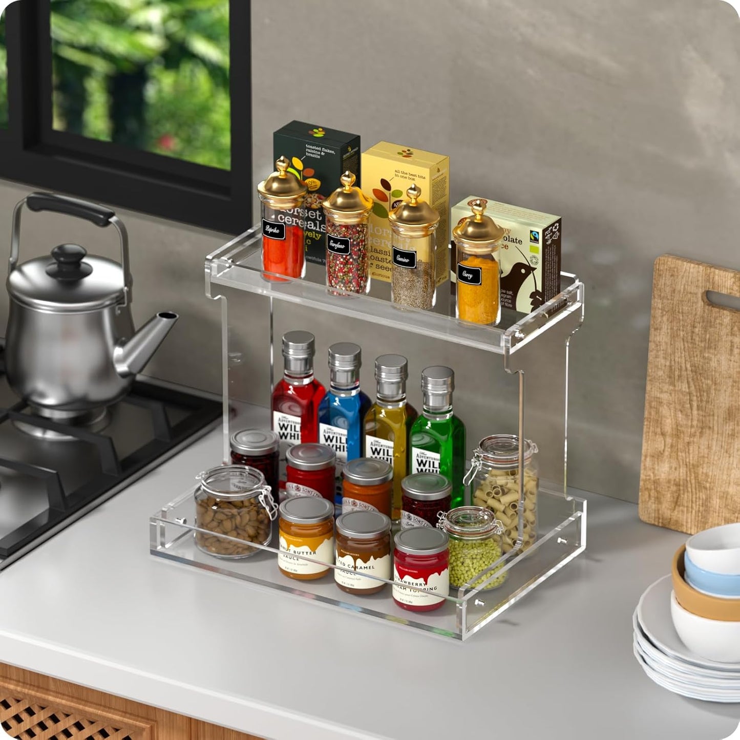 Clear Acrylic Bathroom Countertop Organizer - 2-Tier Storage Shelf for Makeup & Spice | Versatile Vanity Tray