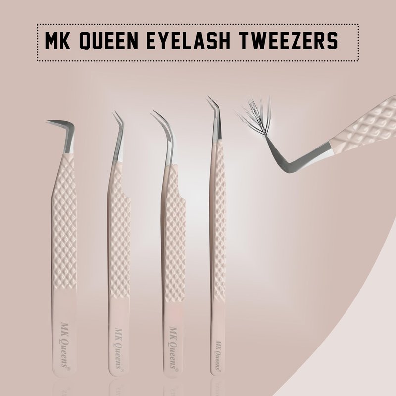 MK Queens Lash Tweezers - Stainless Steel Fiber Tip Eyelash Tweezers (Set of 4) - Diamond Grip Professional Lash Tweezers for Eyelash Extensions (Beige)