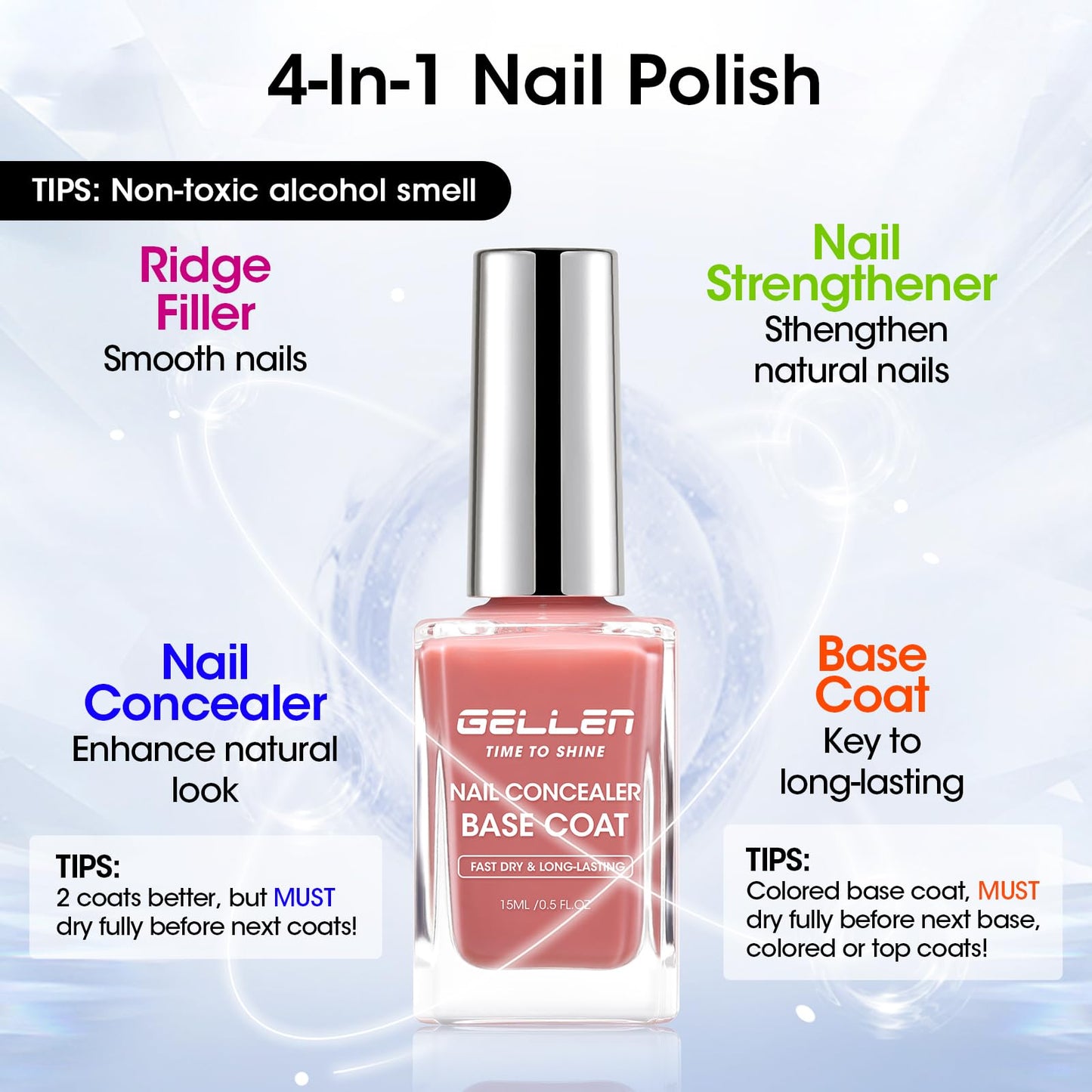 GELLEN Illuminating Nail Concealer Base Coat Nail Polish, Dusty Rose Calcium-Formula Regular Nail Polish Strengthens Nails, Quick Air Dry, Long Lasting, HEMA Free, TPO Free, Non-toxic