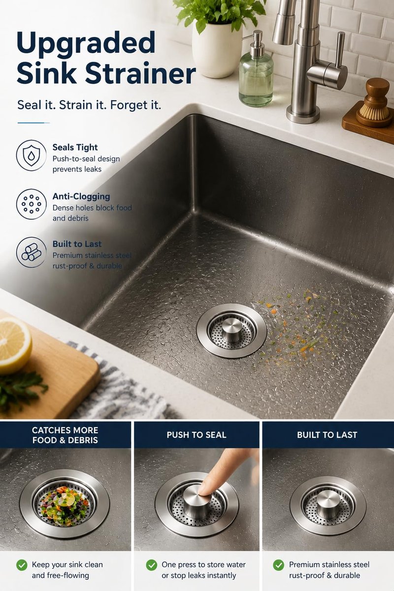 Makeforu 1PC 3-in-1 Kitchen Sink Strainer Stopper Combo Stainless Steel Wrap Around Sink Downspout for US Standard 3-1/2 inch Sewer Strainer, Smooth Handle for Easy Cleaning, Anti-Clogging