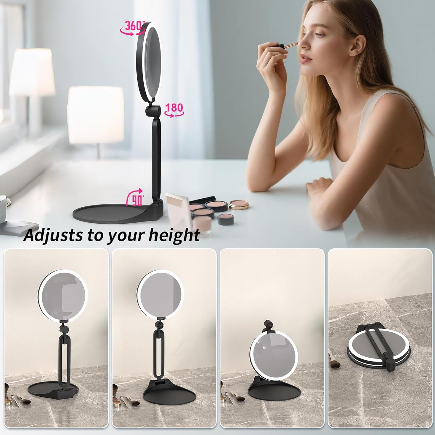 Magnifying Makeup Mirror with Light - 40X/1X Double-Sided, Rechargeable, 6-Inch, Foldable Design | 3 Colors Dimming Lighting