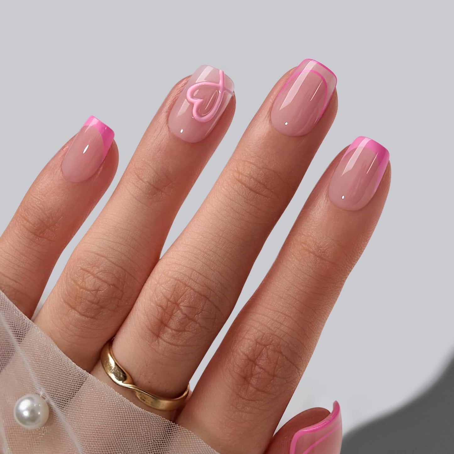 BTArtbox French Tip Press On Nails - A Little Romance, Lamp-Curable 4-Week Wear Hot Pink Short Square Press On Nails with Glue and Adhesive Tabs, Easy-to-Apply in 16 Sizes - 32 Nails All-in-One Kit