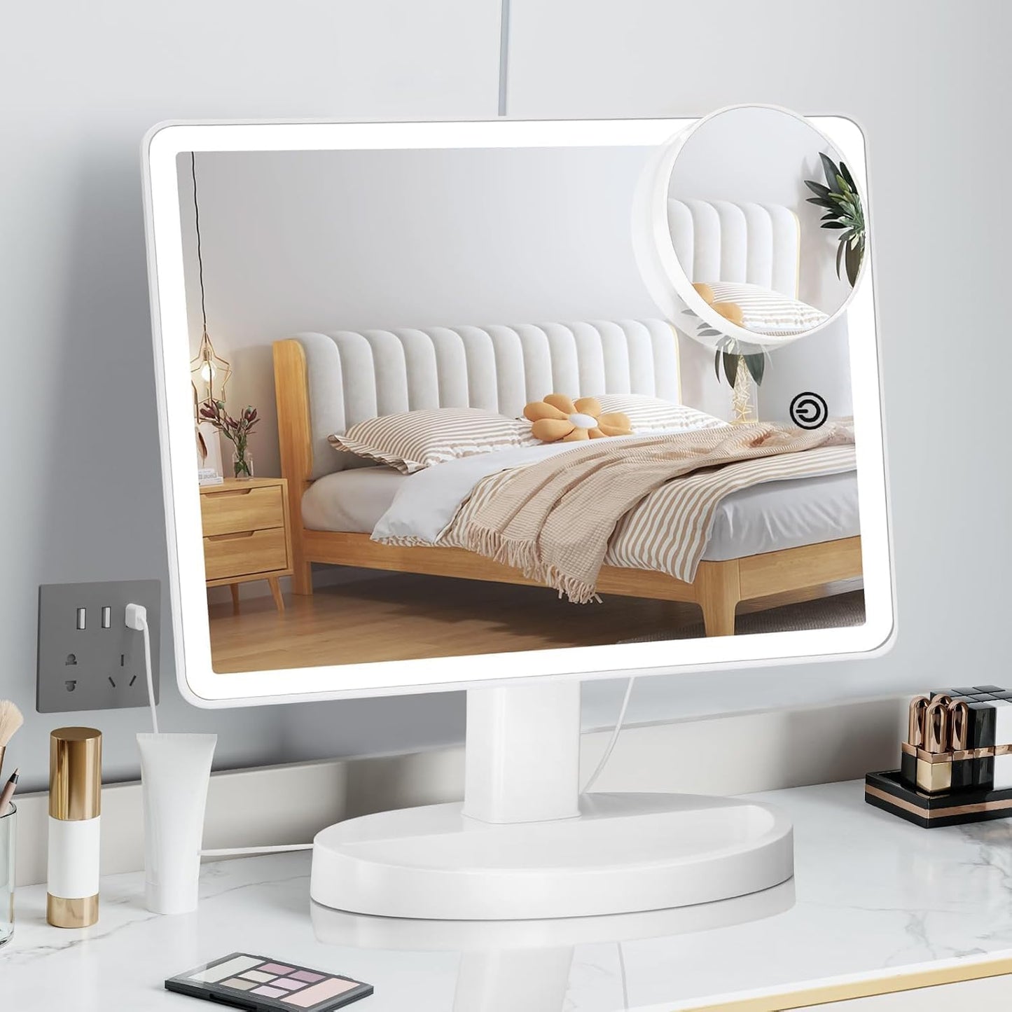 Large Lighted Makeup Mirror - 10x Magnification, 360° Rotation | Adjustable Brightness for Desk Use