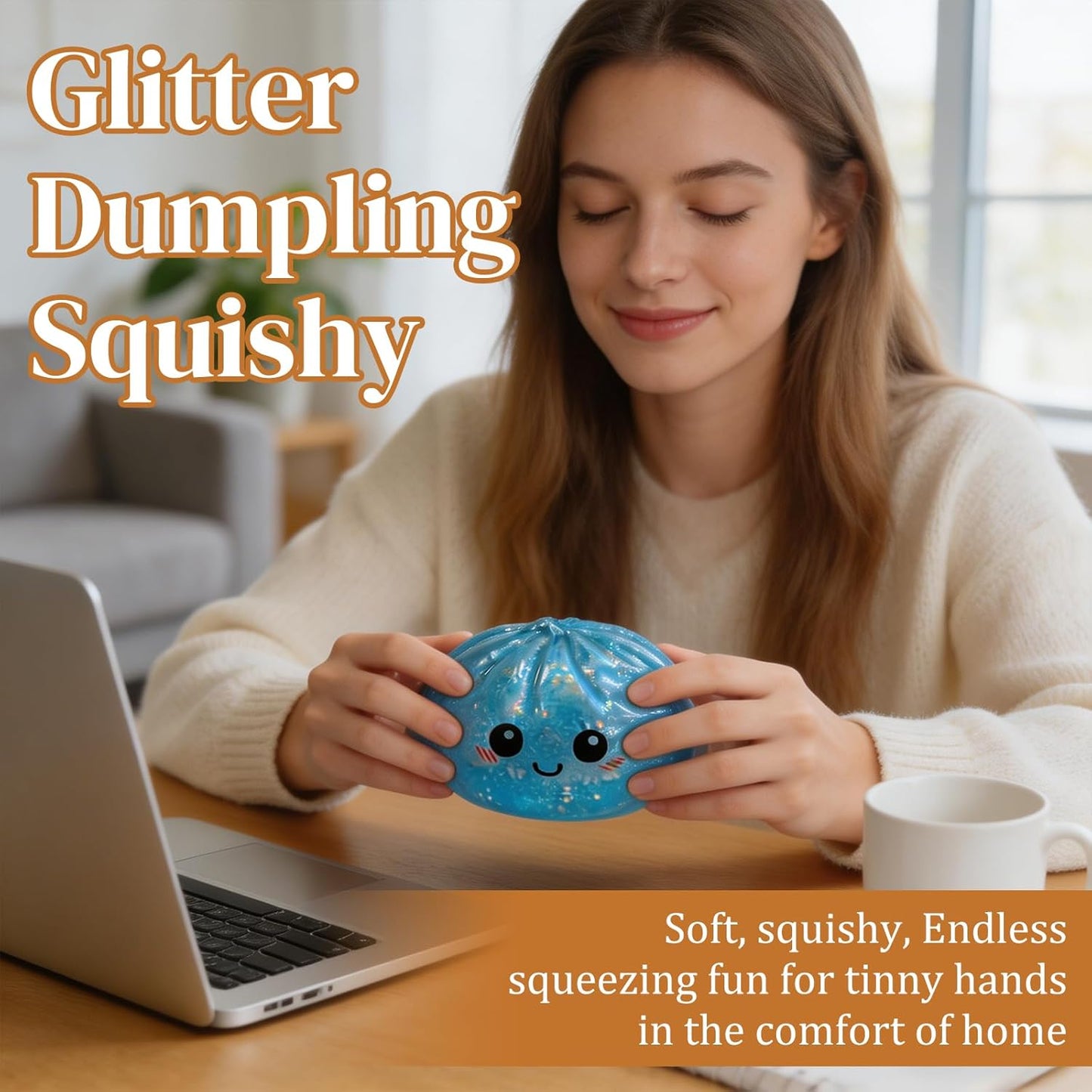 Glitter Dumpling Squishy - Soft Stress Relief Fidget Toy | Stretchy Dough Ball with Mini Food Steamer (Glitter White)