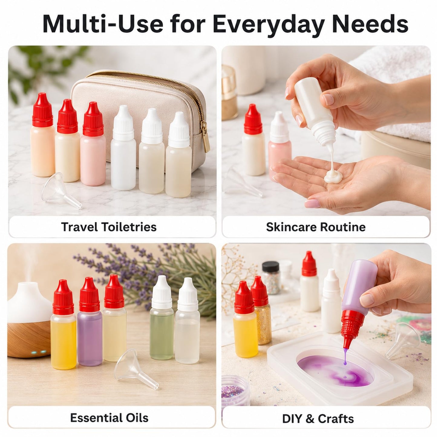 LUSTRIB 10PCS (6 Bottles + 4 Funnels) Small Plastic Dropper Bottle for Travel 15ml (0.5oz) Eye Dropper Bottle with Cap Refillable Travel Container Portable Squeezable for Liquid, (Red & White)