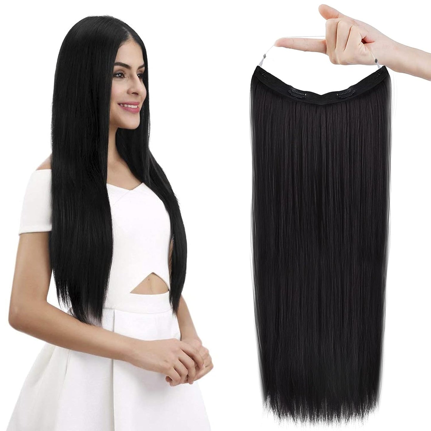 Invisible Wire Hair Extensions - Adjustable Transparent Headband with Secure Clips | Natural Black Hairpiece for Women