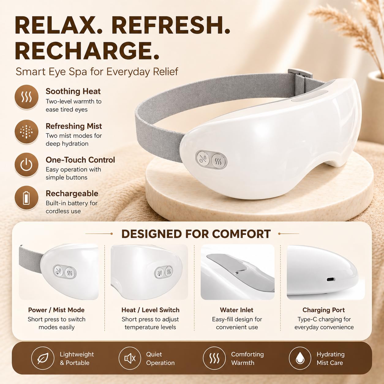 Beminda Steam Eye Therapy - Adjustable Steam Eye Mask for Dry Eyes - Smart Nano Mist Eye Steamer with Heat for Moisturizing & Relief - Cordless & Portable Eye Spa (1PCS)