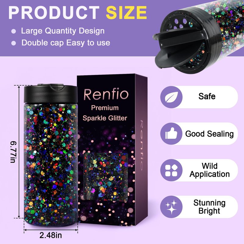 Renfio Holographic Glitter, 9.7oz/275g Laser Purple Chunky Glitter for Snowglobe Tumbler,Purple PET Flake Mixed Fine Powder for Snowglobe Tumbler,Craft,Epoxy Resin,Festival Decor,Nail,Slime
