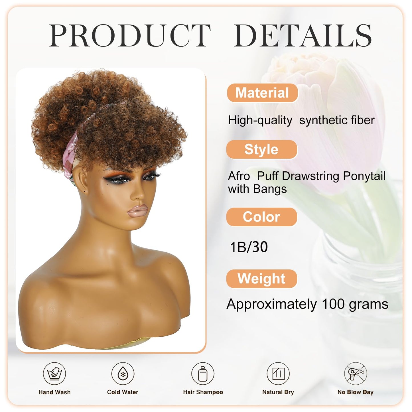 Afro Puff Drawstring Ponytail with Bangs,Short Caramel Brown Mix Natural Black Kinky Curly Synthetic Drawstring Ponytail Extension for Black Women Hair Bun Fluffy Updo for Daily and Party Use 1B/30