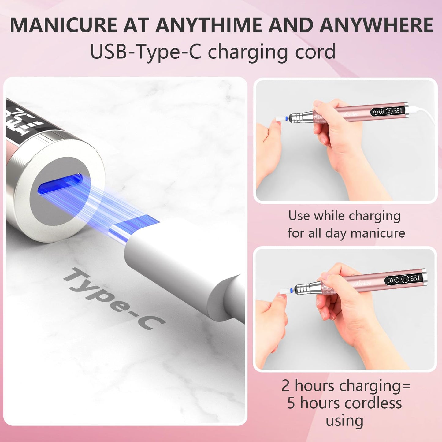 Kredioo Cordless Nail Drill 35000RPM Professional Electric File with Portable Travel Case for Home and Salon Nails Manicure Pedicure