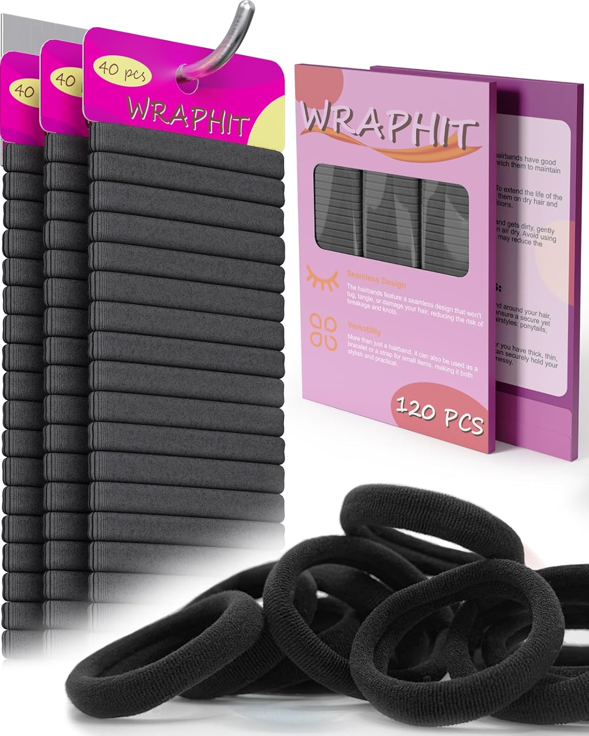 Hair Ties - 120pc No Damage Snag-Free Elastic Holders for Thick Hair | Black Ponytail Accessories