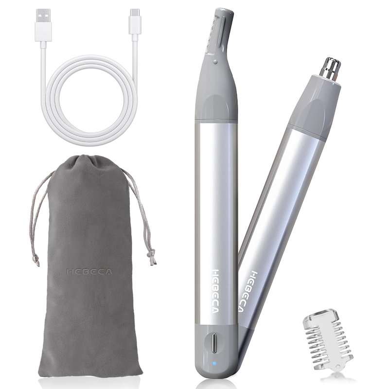 HEBECA Nose Hair Trimmer for Men Women 2in1 Facial Hair Removal Trimmer - Metal Body, Rechargeable, Waterproof, Portable - Nose, Ear, Eyebrow, Peach-Fuzz, Lips, Chin (Silver)