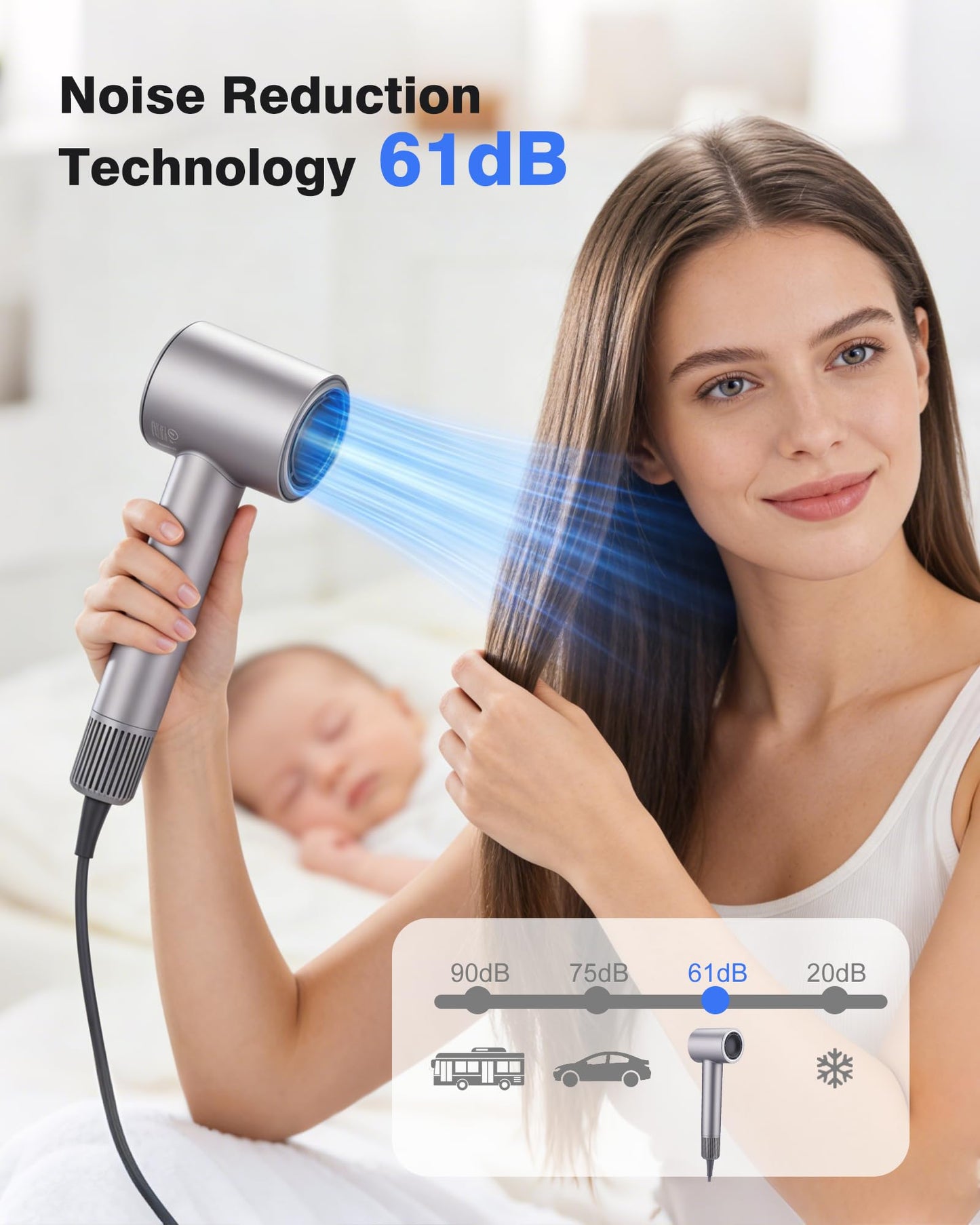 High Speed Ionic Hair Dryer, Brushless Motor for Fast Drying, 3.7 Billion Negative Ions for Smooth Hair, Low Noise Portable Blow Dryer with Diffuser & Concentrator, Grey