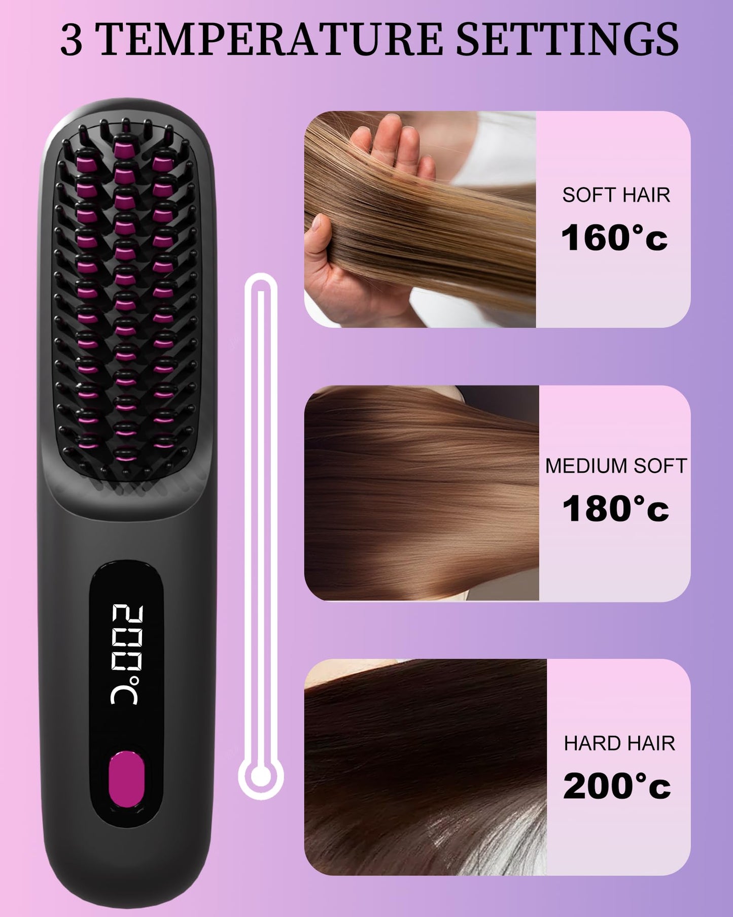 Go Brush Pro 2026 for Short Hair, Portable Straightener Brushs for Travel, with LCD Temperature Display, Fast Heating Cordless Mini Hair Brushs (Pink)