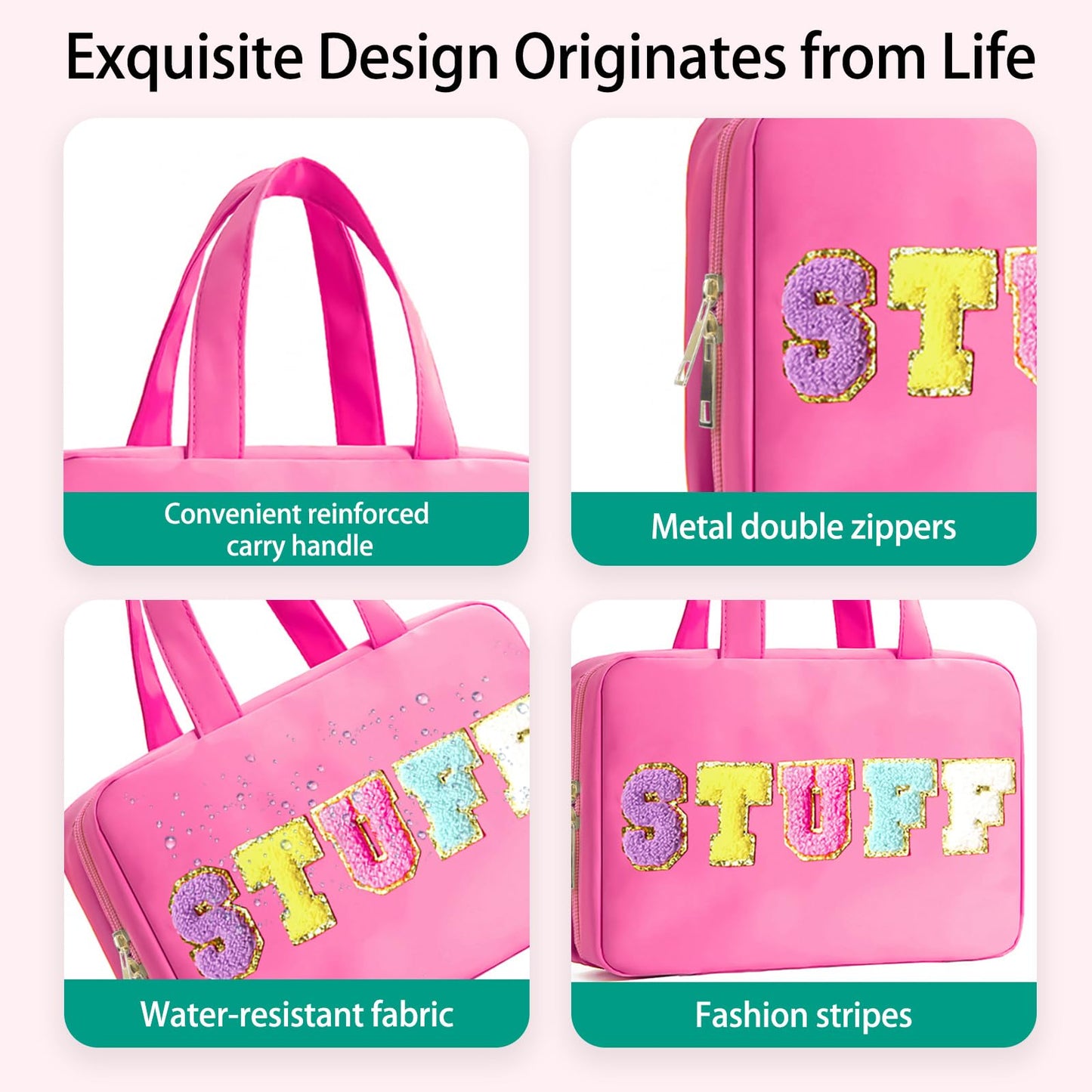 Apxouans Toiletry Bag with Hanging Hook Chenille Letter Cosmetic Bag Spacious Travel Bag Water-resistant Makeup Bag for Store Toiletries Cosmetic Accessories and Sets for Women Rose Red
