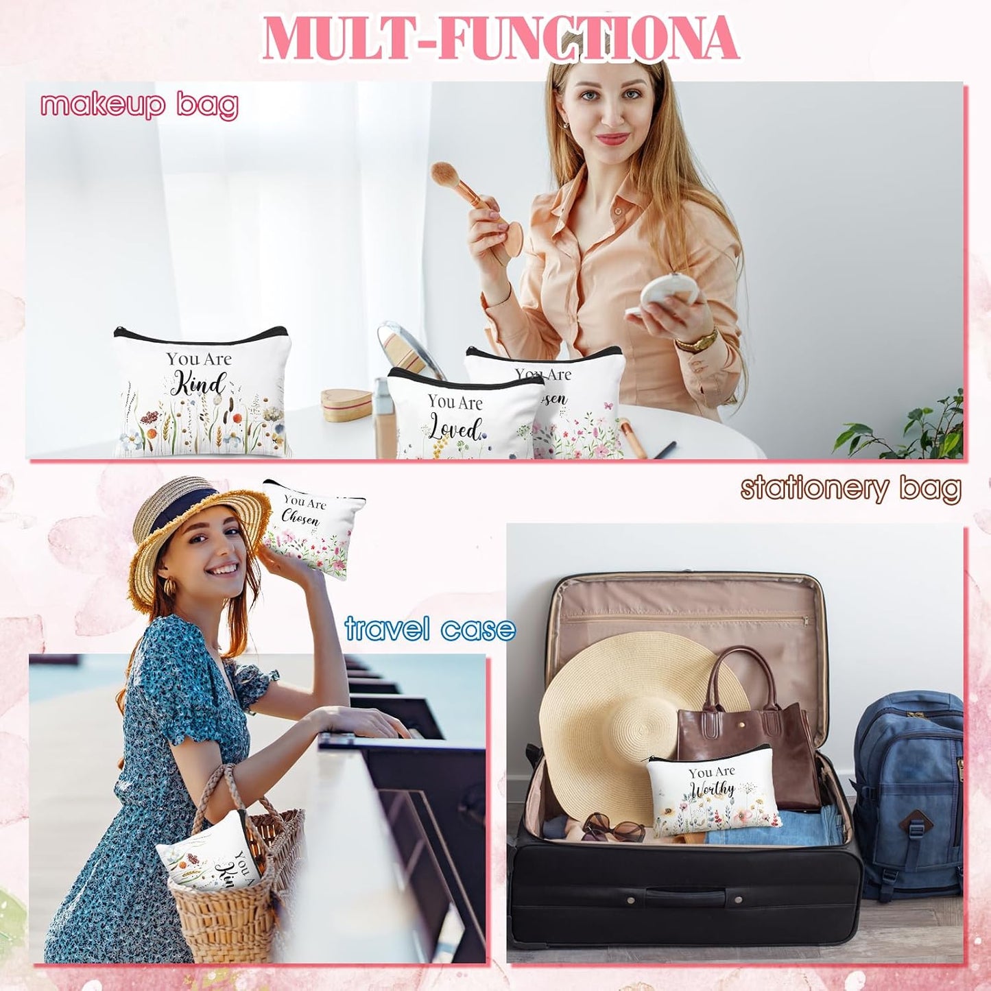 Inspirational Cosmetic Bag Set - 10 Pcs Religious Makeup Pouches for Women | Wildflower & Beige