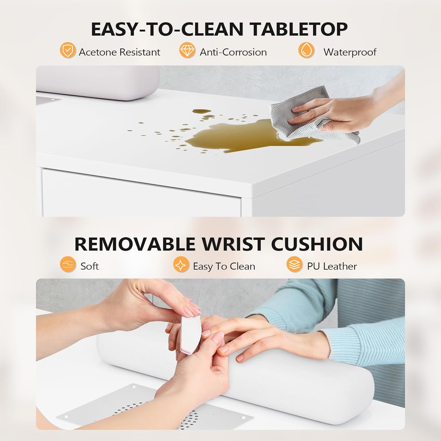 L Shaped Manicure Table with Dust Collector - 52" Corner Nail Desk for Professionals | Acetone Resistant, Storage Drawer & Polish Rack