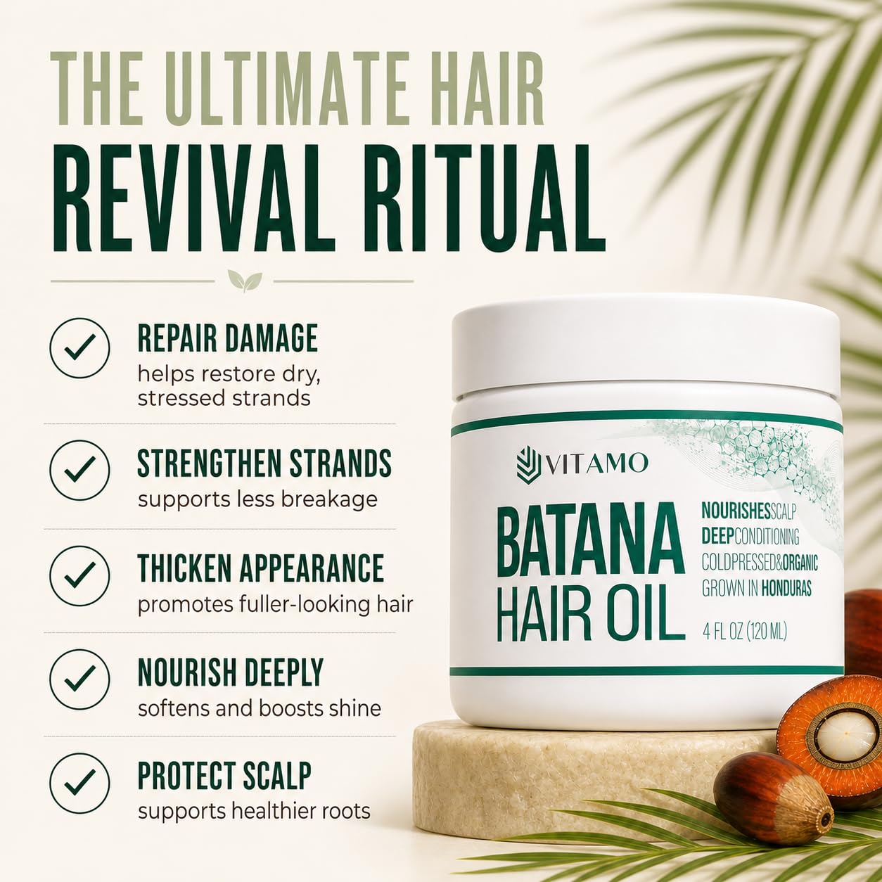 Vitamo Organic Batana Hair Growth Oil - Cold Pressed Elaeis Oleifera | Scalp & Hair Shine Treatment for Men & Women