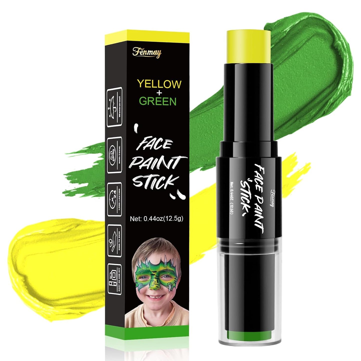 Dual-Ended Face Paint Stick - Non-Toxic, Waterproof Cream in Green & Yellow | Full-Coverage for Halloween, Cosplay & Sports