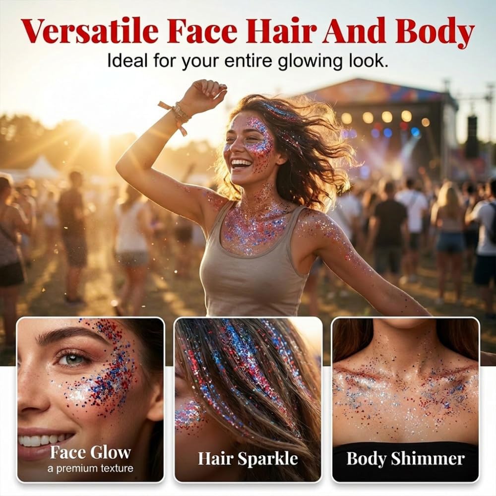 4th of July Glitter Stick, Patriotic Red White and Blue Face Body Hair Glitter Stick, 4th of July Accessories Sparkling Glitter Makeup for Fourth of July Outfits Independence Day Memorial Day (1, #B)