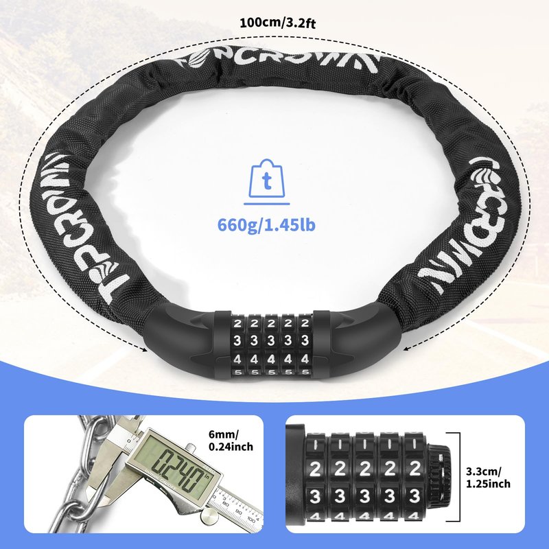 Topcrown Bike Chain Lock 3.2Ft Long High Security Heavy Duty Anti Theft, 5 Digit Combination Resettable Keyless Bicycle Lock for Bike/Electric Scooter/Ebike/Motorcycle(Black)