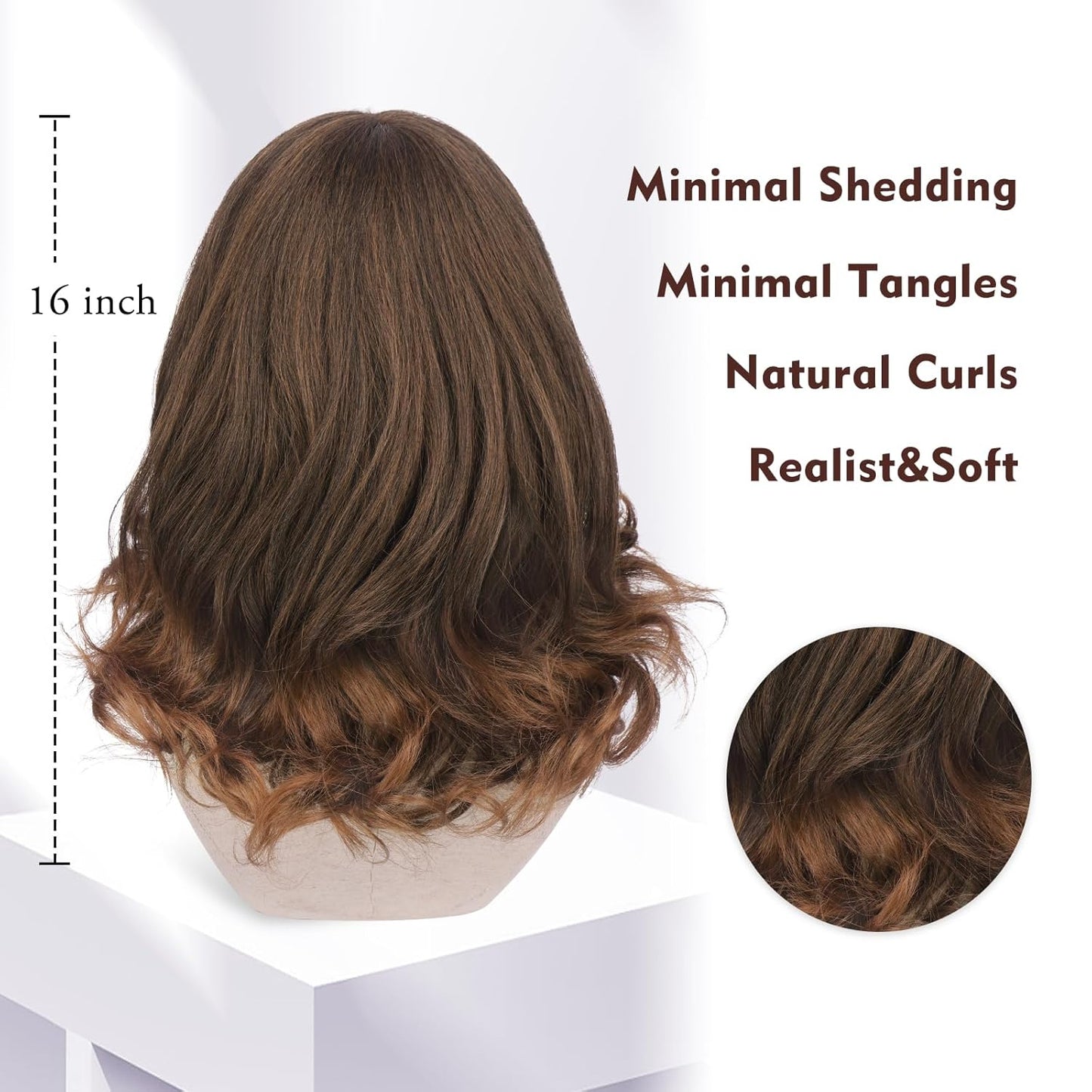 Layered Body Wave Wig with Bangs for Women - 16 Inch Heat Resistant Synthetic Hair | Natural Looking Auburn Mix Dark Brown