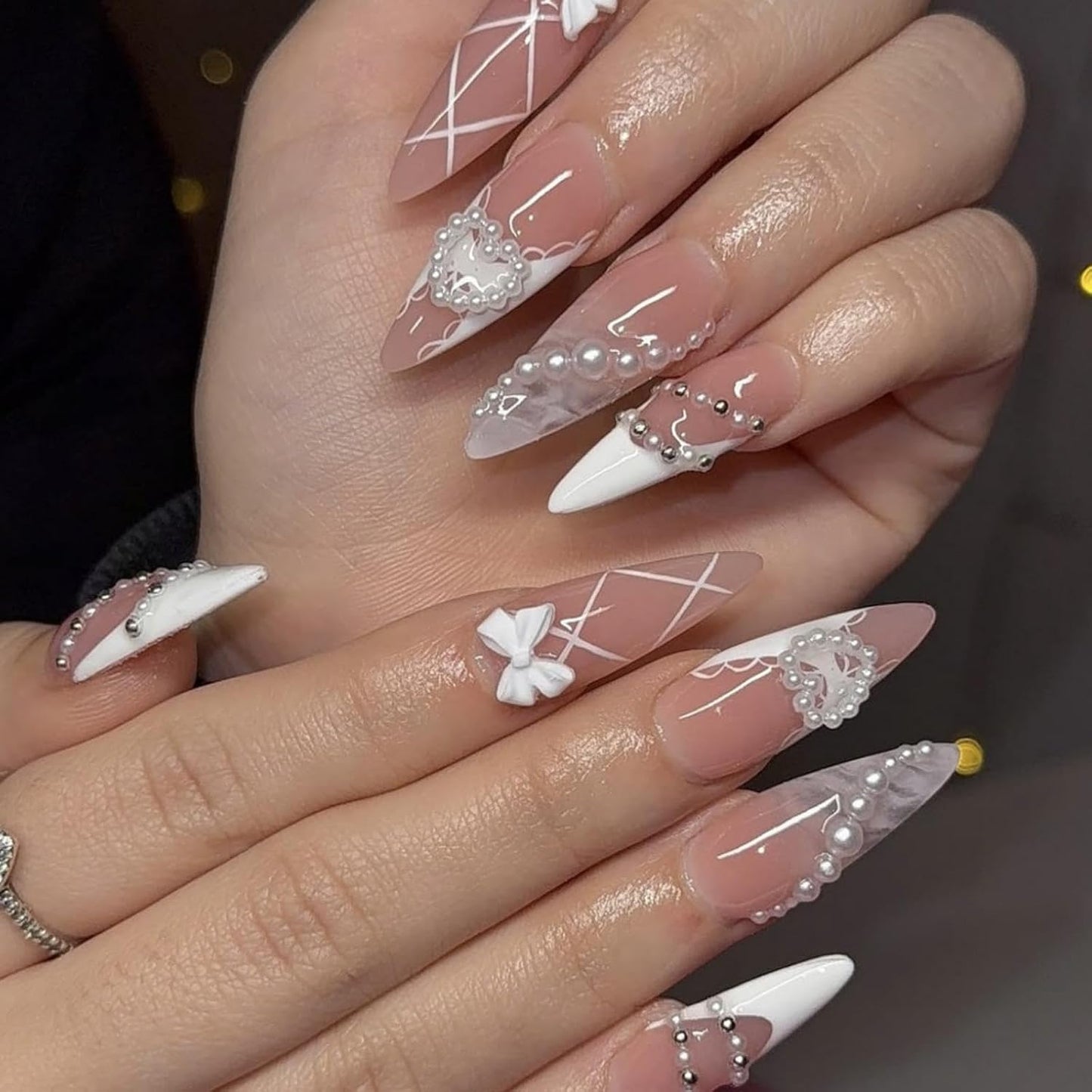 Flower Nail Press Ons - French Tip 3D Floral Butterfly Acrylic Nails | Glossy Pink Medium Almond Full Cover - 24 Pcs