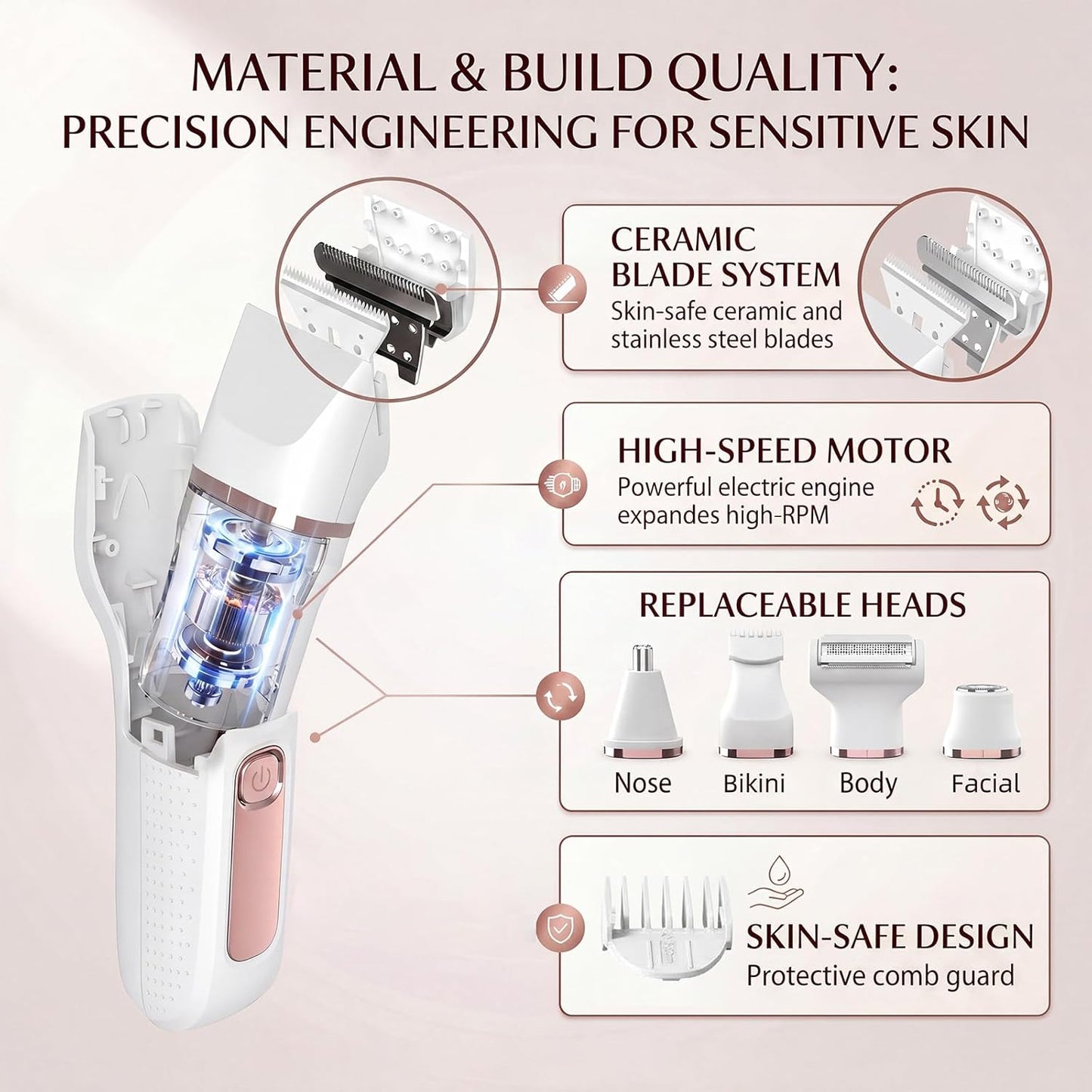 Bikini Trimmer for Women - IPX7 Waterproof Electric Shaver with 5 Blades | USB-C Rechargeable, White