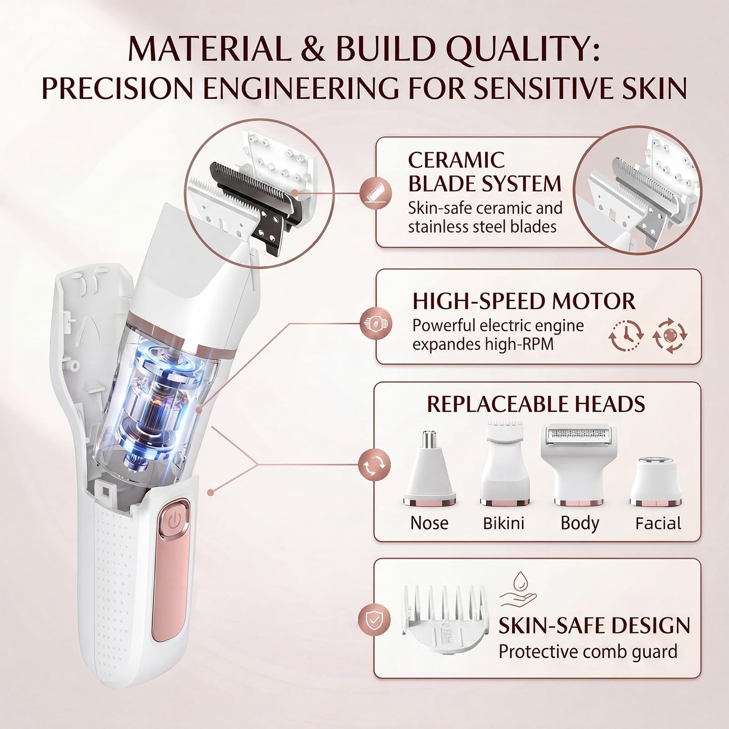 Bikini Trimmer for Women,Electric Shaver for Women, IPX7 Waterproof Razor Shaver,Women's Electric Razor,Intimate Shaver for Women,with 5 Blades,USB-C Rechargeable,Recharge Dock（White