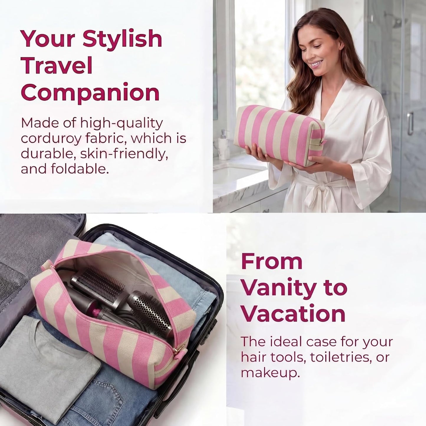 Striped Hair Tools Travel Bag - Corduroy Organizer for Hair Dryer & Flat Iron | Aesthetic Foldable Design (Pink & Beige)