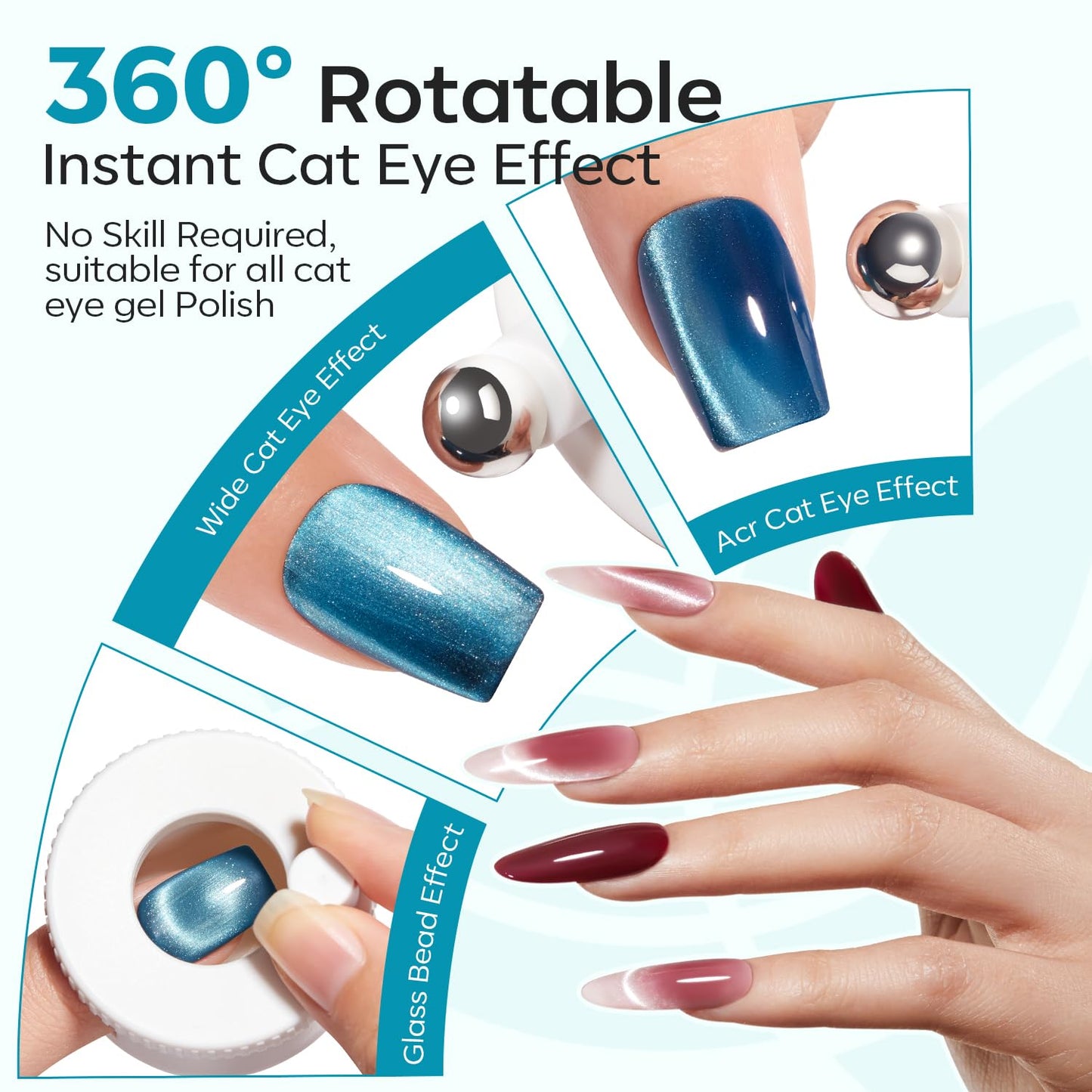 Modelones 5D Cat Eye Nail Magnet Tool Set - 360° Rotating U-Shaped, Ball, Hole & Heart Magnets for Gel Polish Art | 5 Pieces