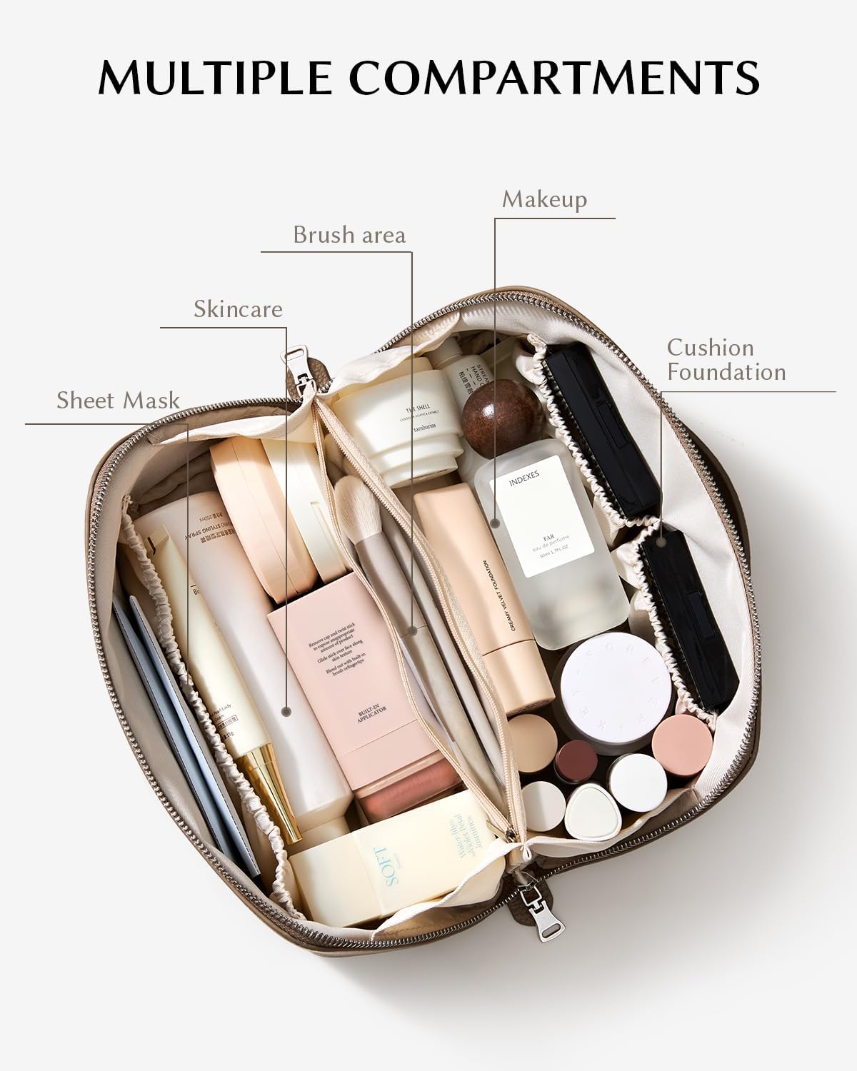 Travel Makeup Bag - Large Capacity Lychee Leather Cosmetic Organizer | Waterproof Toiletry Bag with TPU Brush Compartment