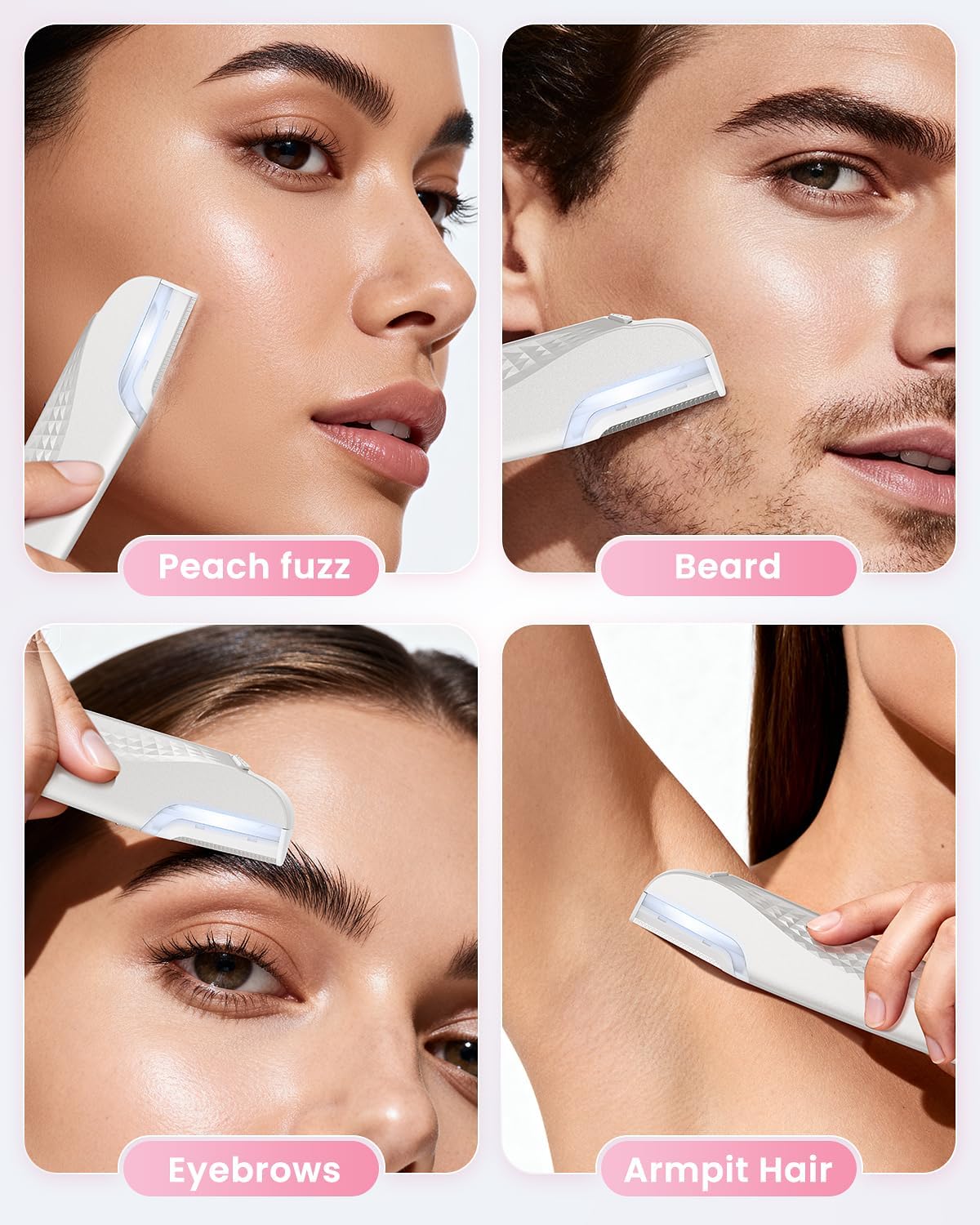 Dermaplane Razor for Women - Adjustable Facial Hair Removal Tool with LED Light | Rechargeable, 8 Replacement Blades, White