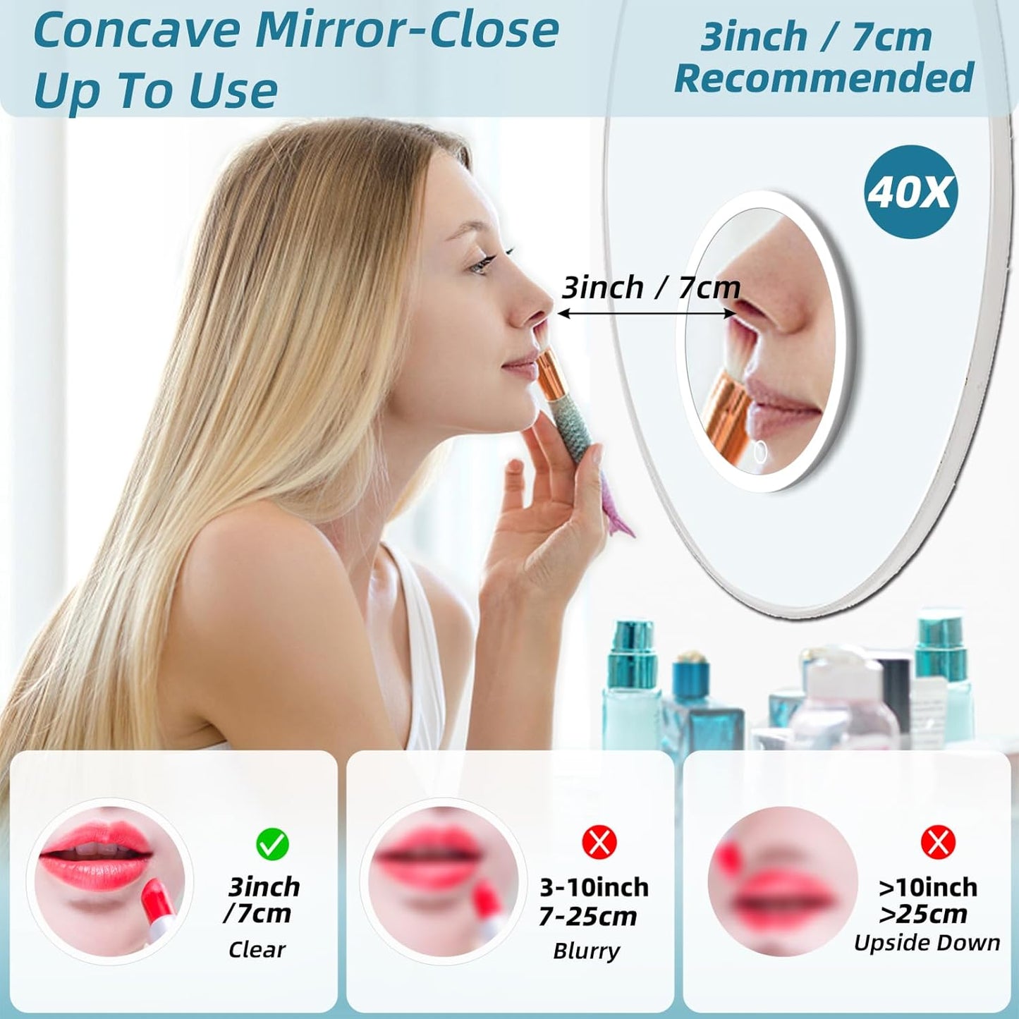 40x Magnifying Makeup Mirror with Light - 6-Inch Travel Mirror with Suction Cups, Tweezers & Scissors Set