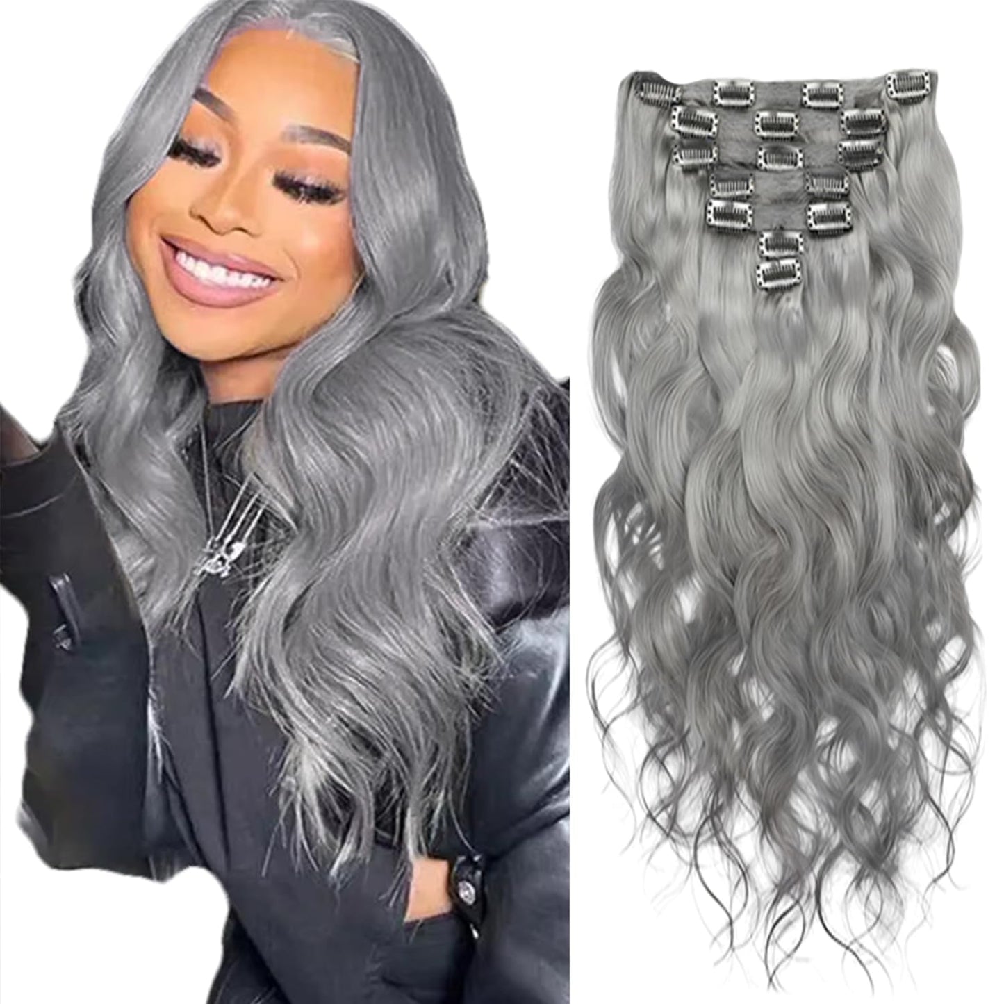 Grey Long Wave Clip in Hair Extensions Real Human Hair, 18 Inch 120g/7Pcs,Full Shine Remy Human Hair,Natural Grey Clip ins Brazilian Virgin Human Hair Extensions