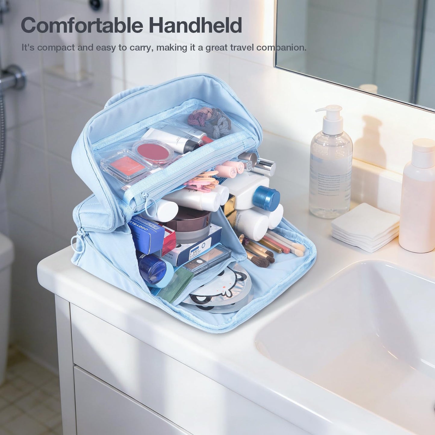 Abiudeng Standing Travel Makeup Bag Stand up Make up Bag Travel Toiletry Bag with Multiple Compartments Large Capacity for Women Business Trips Fitness and Daily Commutes(blue)