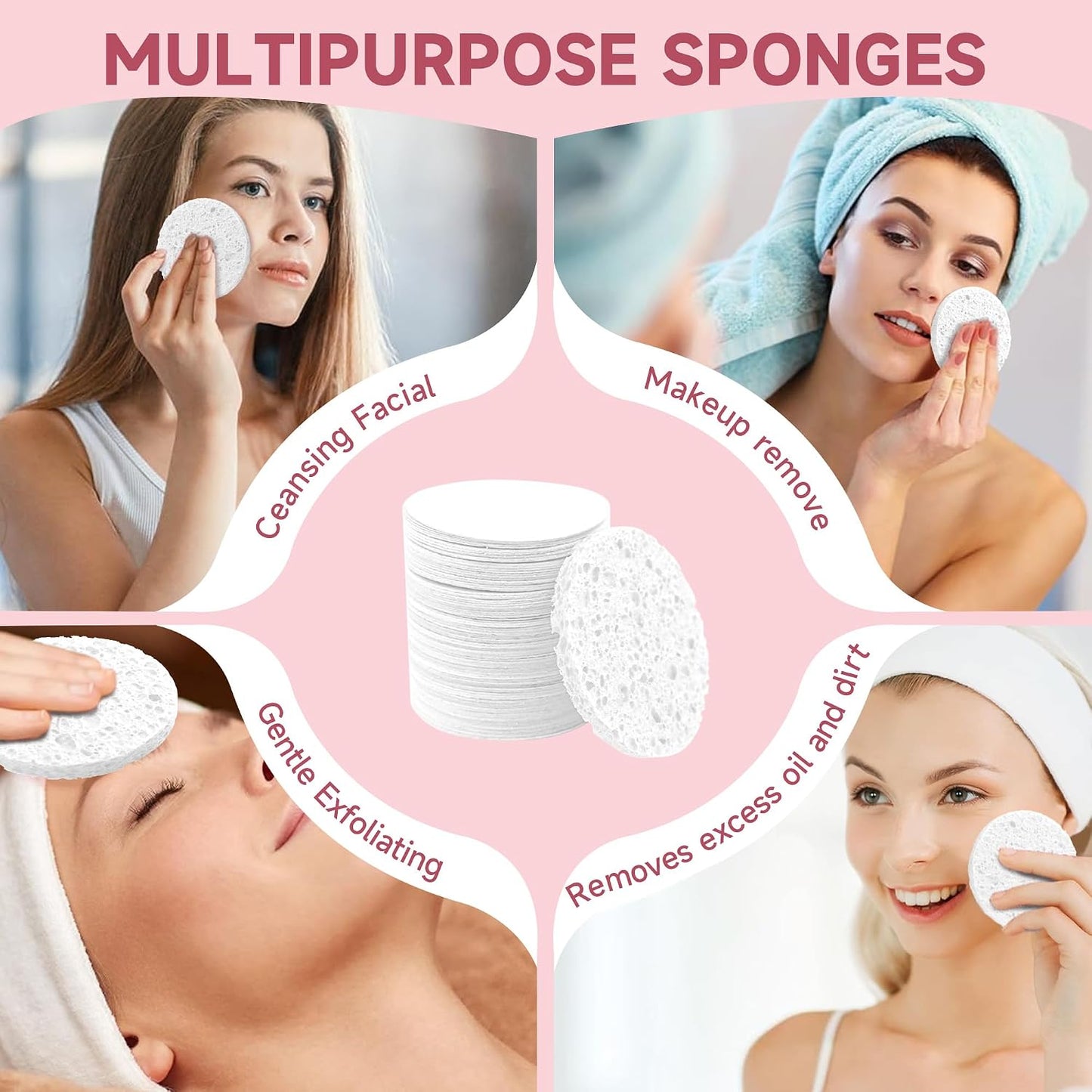 Compressed Facial Sponges - 100% Natural Cellulose Eco-Friendly Makeup Sponges for Gentle Cleansing & Exfoliating | 100 Count, Round White
