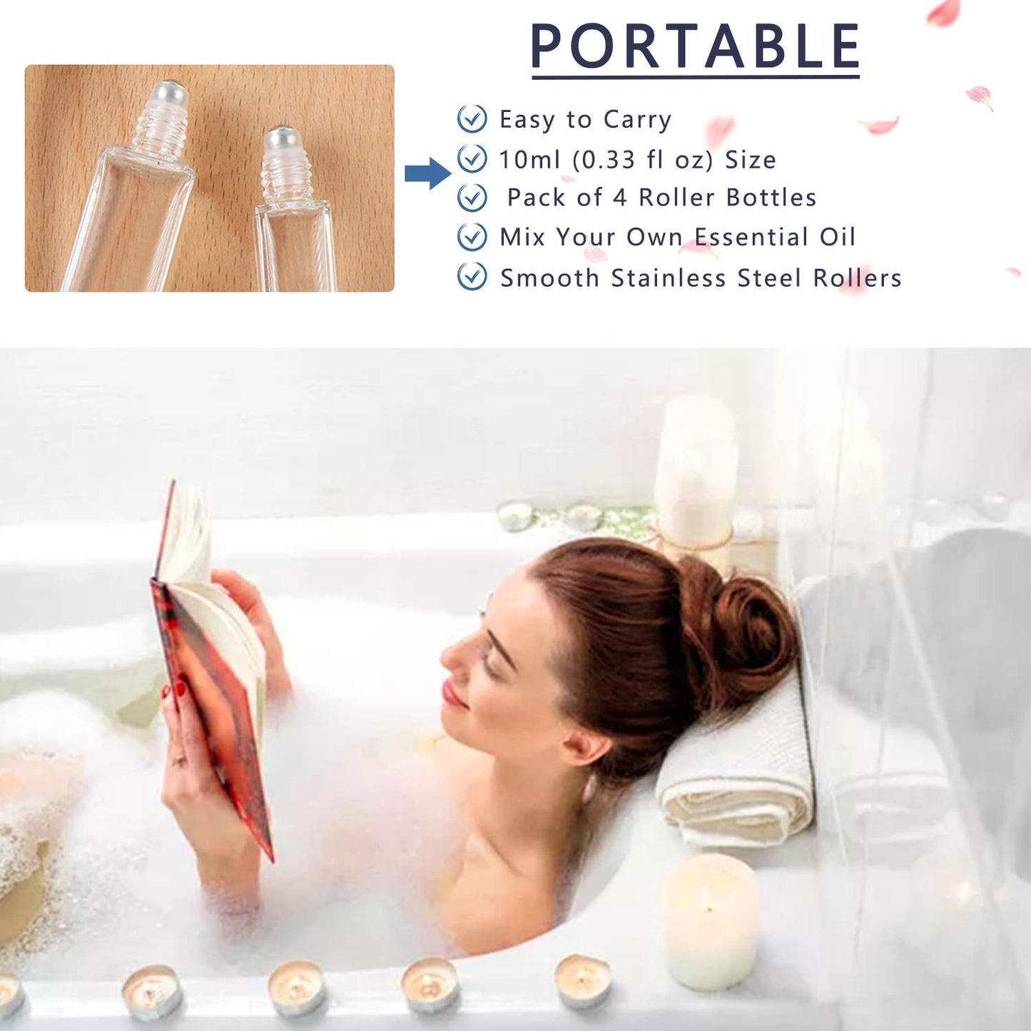 Refillable Glass Roller Bottles - 4 Pack Thick Square Essential Oil Containers | 1/3oz (10ml)