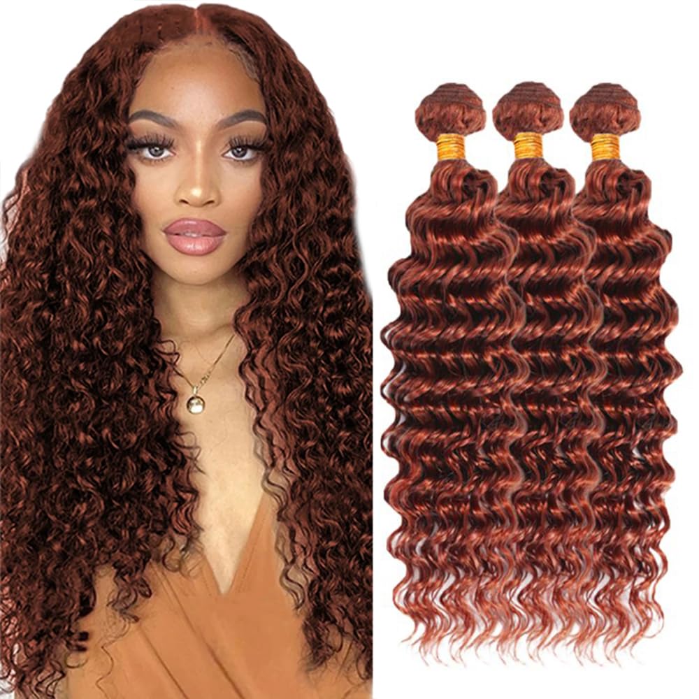 DiexrLamx Hair Color #33 Deep Wave Bundle Reddish Brown Bundles 26 28 30 Inch Peruvian Virgin Hair 3 Bundles/150g Copper Bundle Human Hair Extensions
