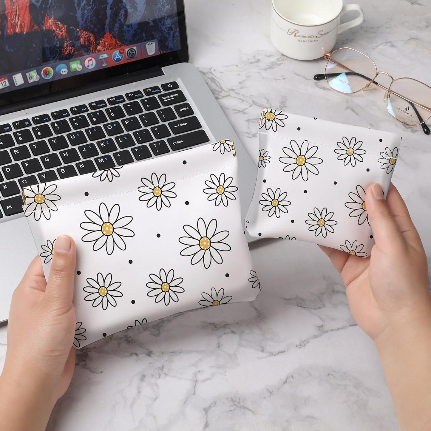 Small Makeup Bag Set - 2 PCS PU Leather Cosmetic Organizer | Portable Travel Toiletry Pouch for Women - Black Floral Design