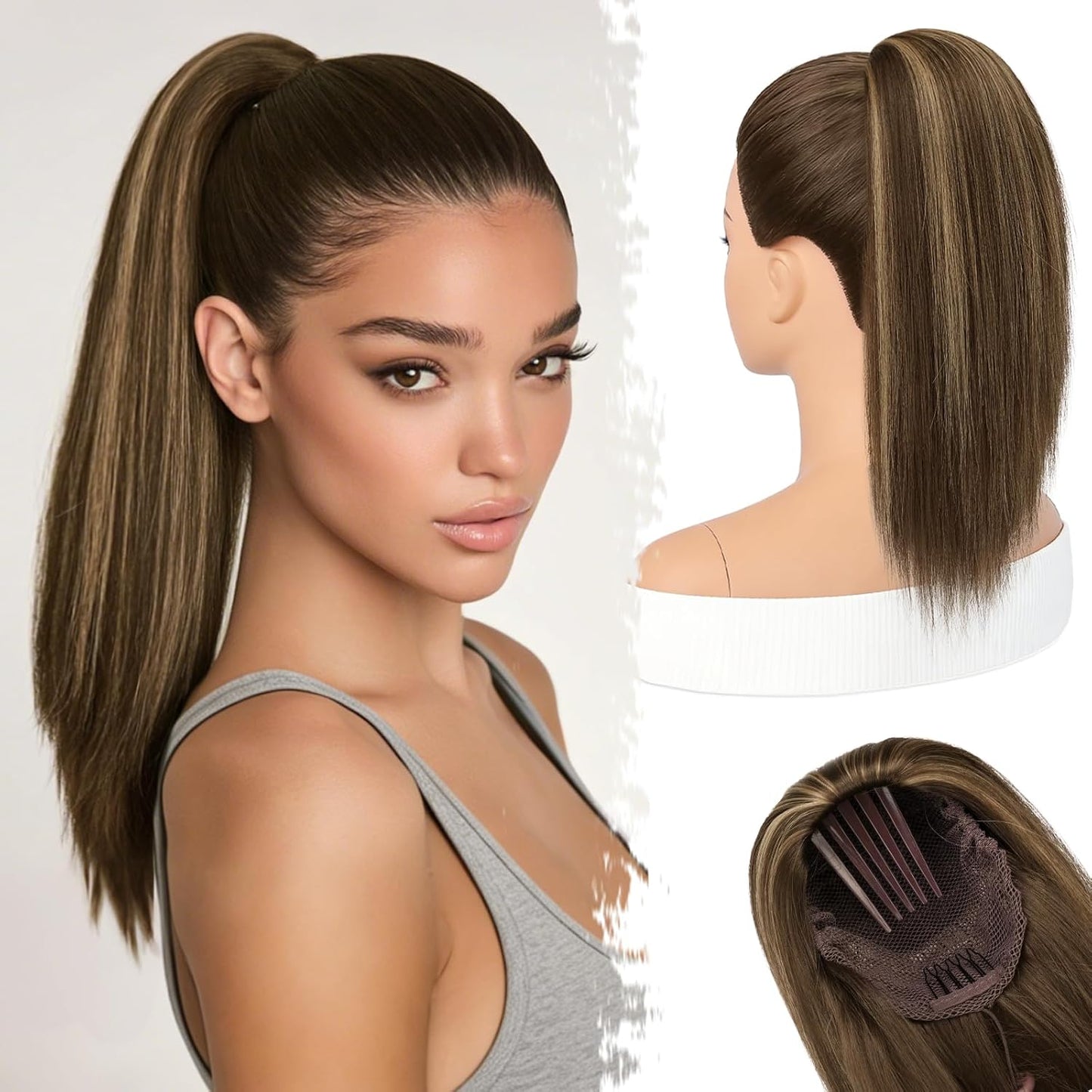 Straight Drawstring Ponytail Extension - 16 Inch Soft Synthetic Hairpiece for Daily Wear | Brown with Blonde Highlights