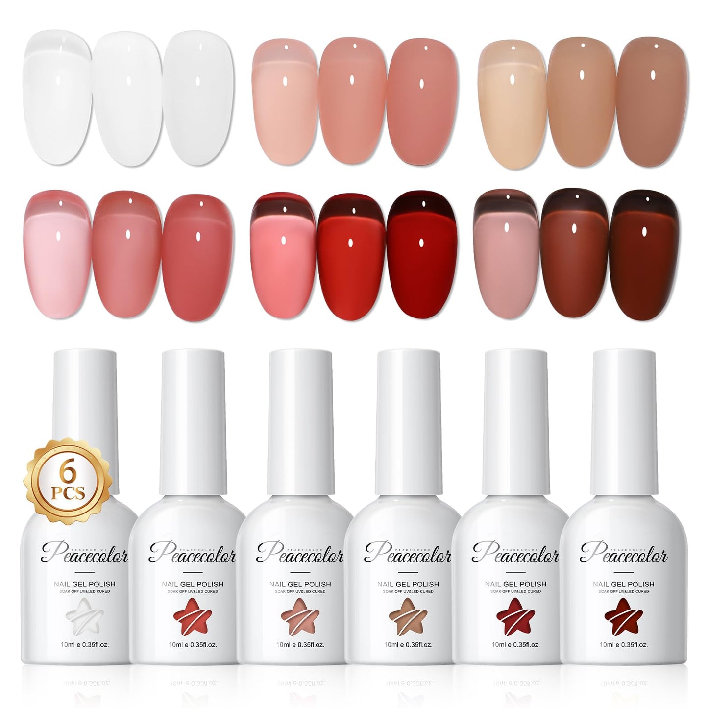 PEACECOLOR Jelly Gel Polish Set 6 Colors Red Brown Gel Nail Polish Summer Colors Nail Starter Kit Soak Off Gifts for Women Home Salon Design