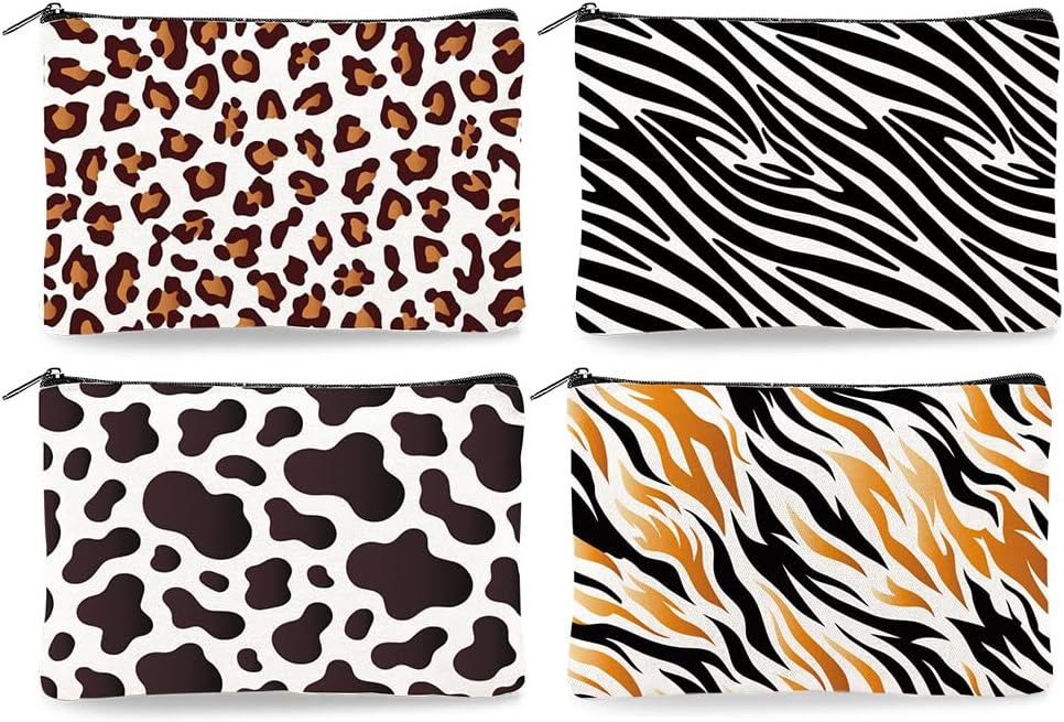 Canvas Western Cowboy Makeup Bag Set - 4Pcs Cactus Cow Design | Portable Travel Organizer, Large Capacity Toiletry Pouches 9.06” x 5.9”