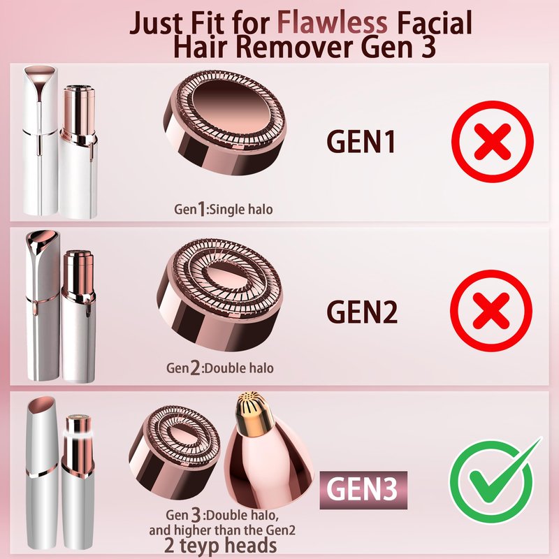 Gen 3 Replacement Heads for Finishing Touch Flawless, 18K Gold Painless Facial Hair Remover Blades with Exclusive Eyebrow Trimmer Head, 1 Facial + 1 Eyebrow Replacement Heads Set for Women