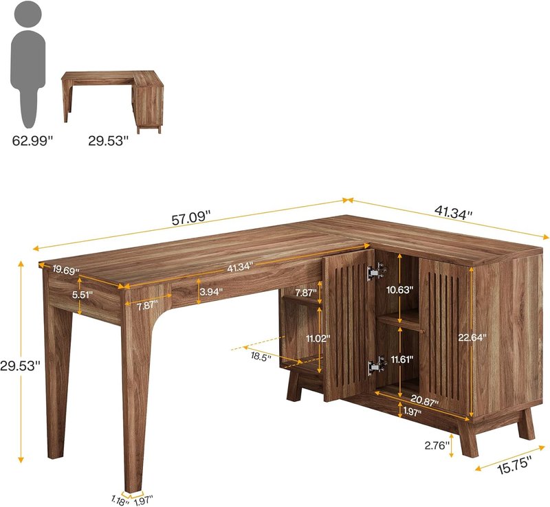 L Shaped Desk with Storage Cabinet - 57" Modern Corner Computer Desk | Space-Saving Wood Writing Desk for Home Office
